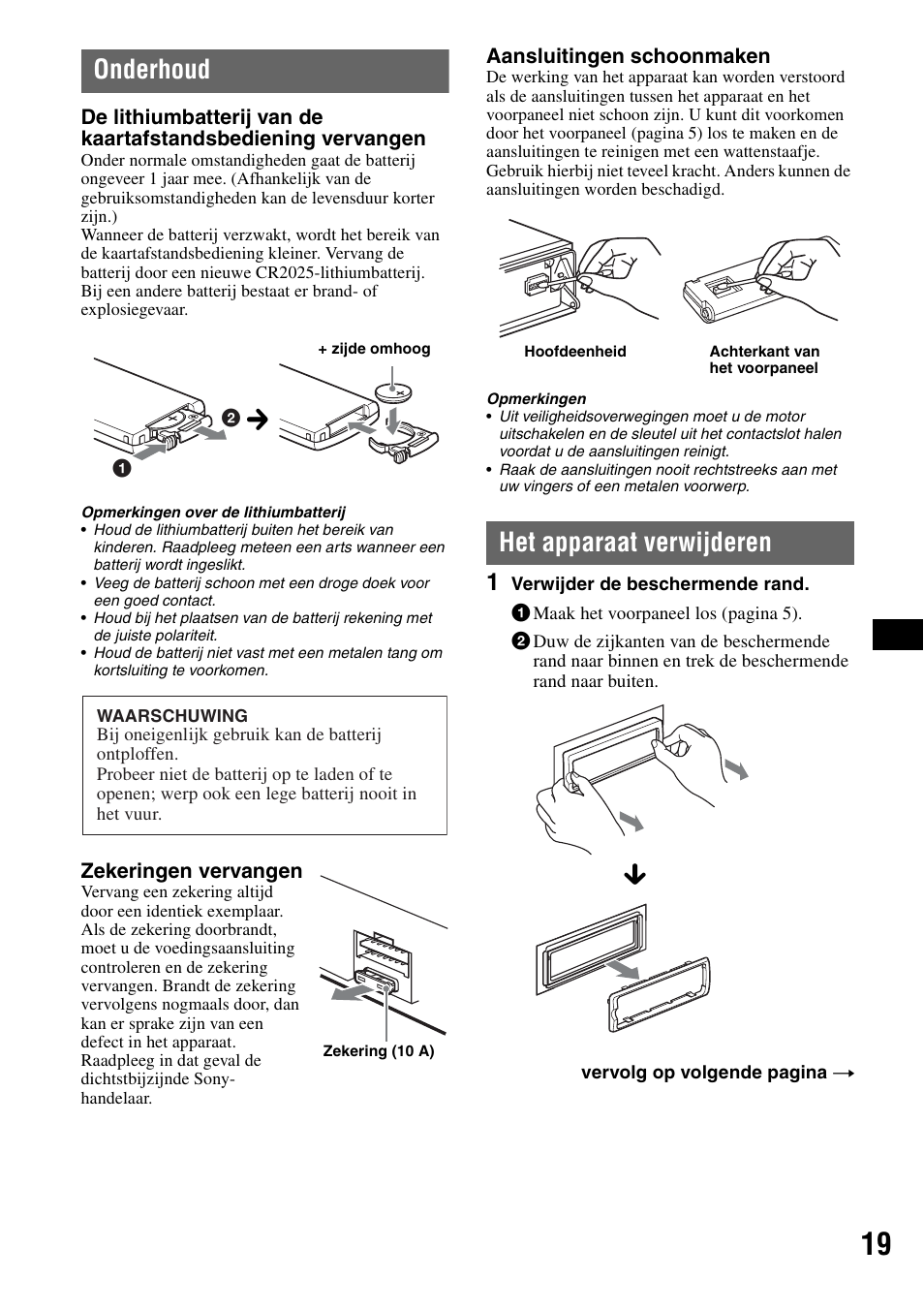 Onderhoud, Het apparaat verwijderen, Onderhoud het apparaat verwijderen | Sony CDX-M30 User Manual | Page 119 / 148