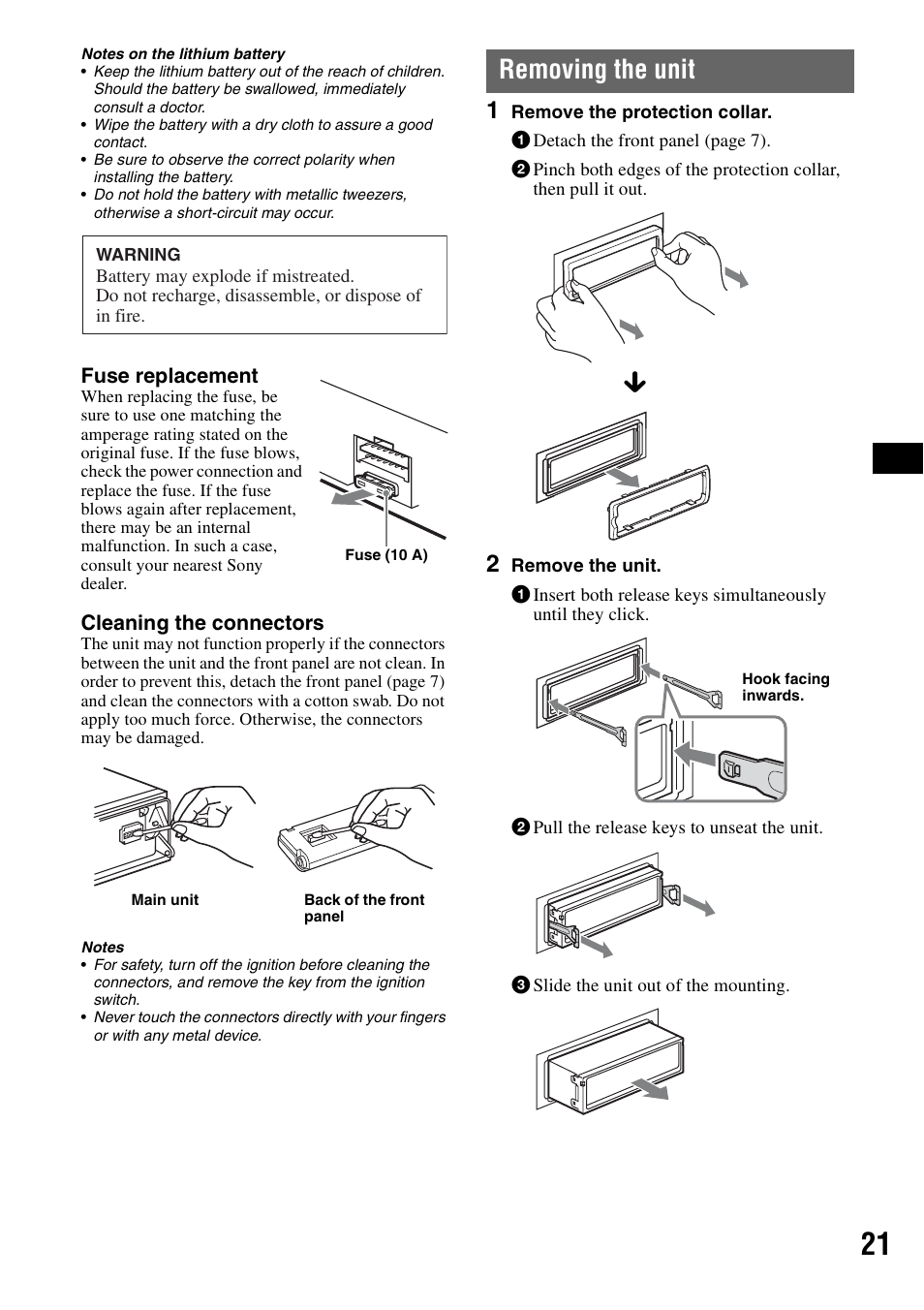 Removing the unit | Sony CDX-M30 User Manual | Page 21 / 148