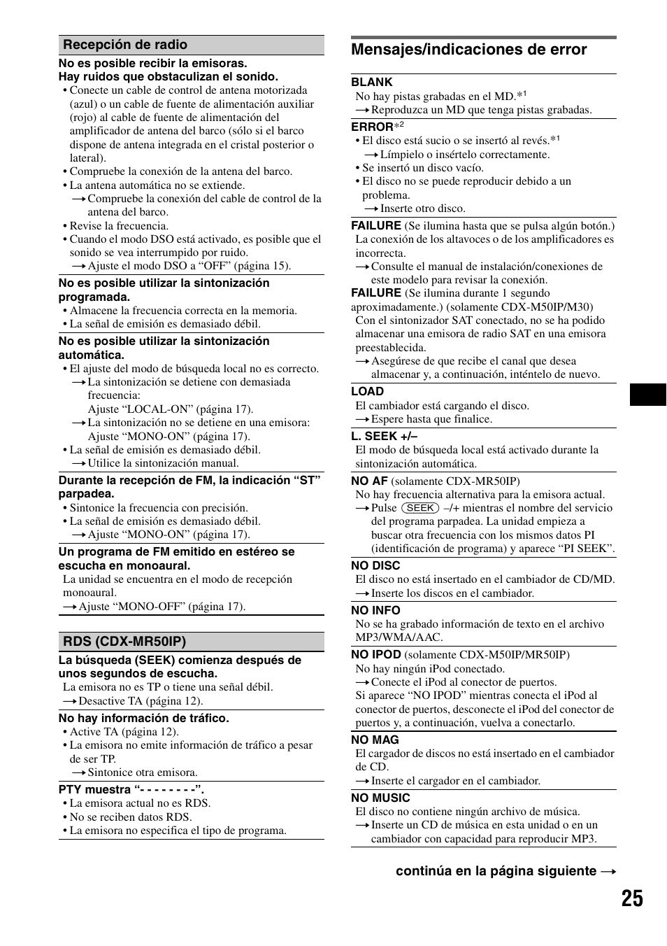 Mensajes/indicaciones de error | Sony CDX-M30 User Manual | Page 75 / 148