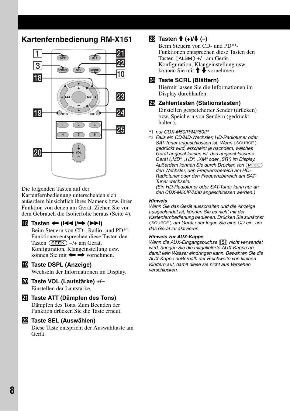 Kartenfernbedienung rm-x151, 3ws q; 1 wf qk ql wa w; wg wd | Sony CDX-M30 User Manual | Page 84 / 148