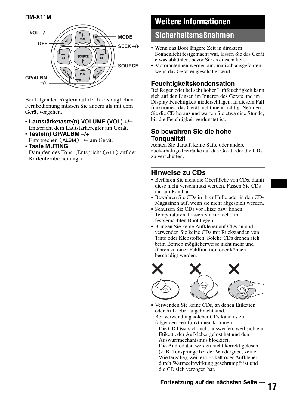 Weitere informationen, Sicherheitsmaßnahmen, Hinweise zu cds | Weitere informationen sicherheitsmaßnahmen | Sony CDX-M30 User Manual | Page 93 / 148