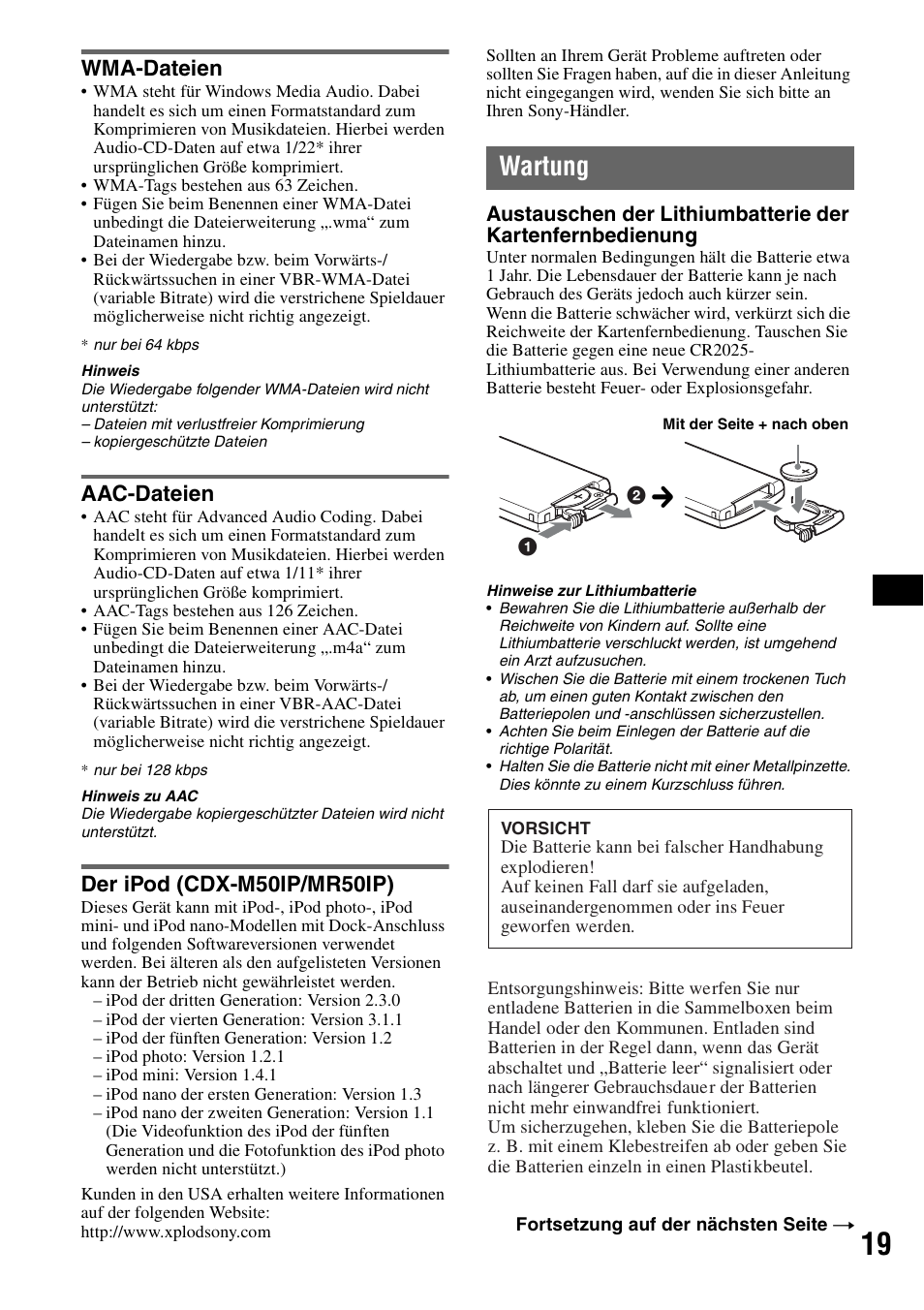 Wma-dateien, Aac-dateien, Der ipod (cdx-m50ip/mr50ip) | Wartung | Sony CDX-M30 User Manual | Page 95 / 148
