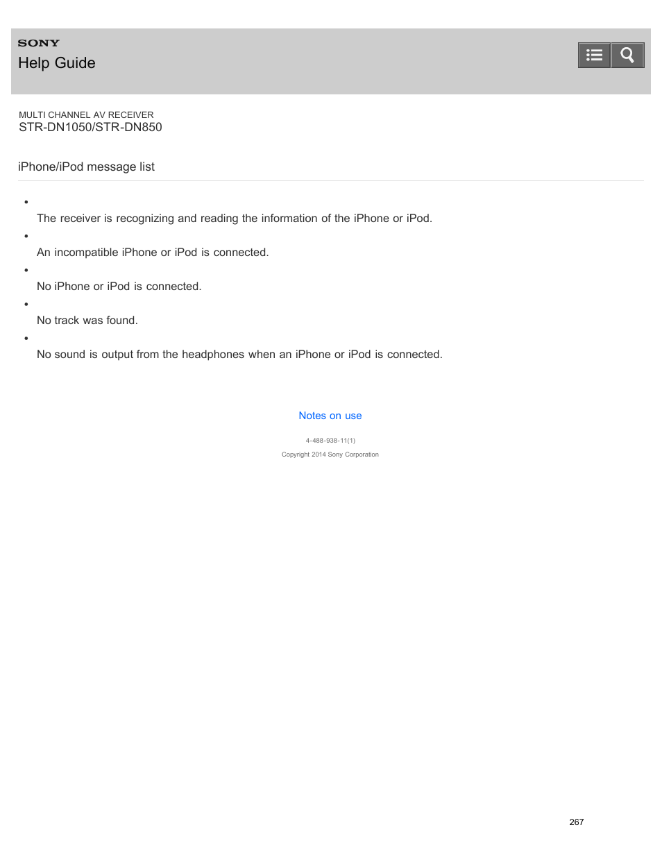 Iphone/ipod message list, Help guide | Sony STR-DN1050 User Manual | Page 278 / 379