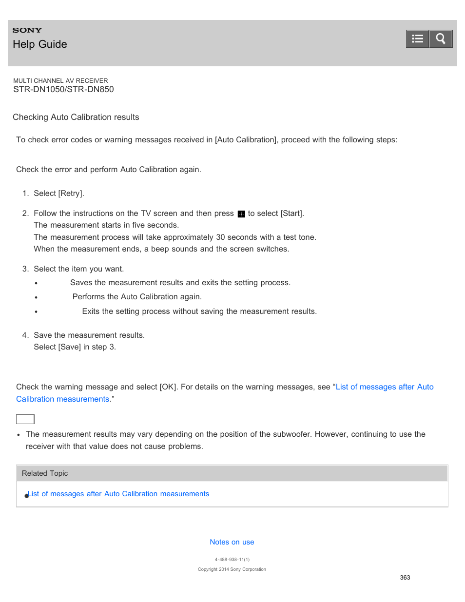Checking auto calibration results, Help guide | Sony STR-DN1050 User Manual | Page 374 / 379