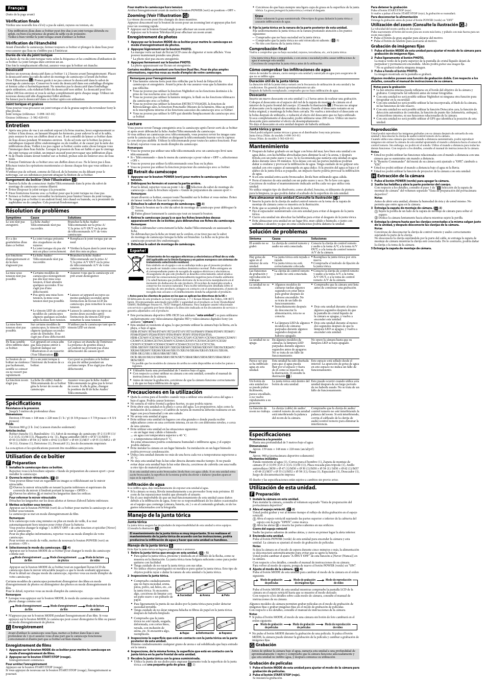 Entretien, Résolution de problèmes, Spécifications | Utilisation de ce boîtier, Precauciones en la utilización, Manejo de la junta tórica, Mantenimiento, Solución de problemas, Especificaciones, Utilización de esta unidad | Sony SPK-HCH User Manual | Page 2 / 2