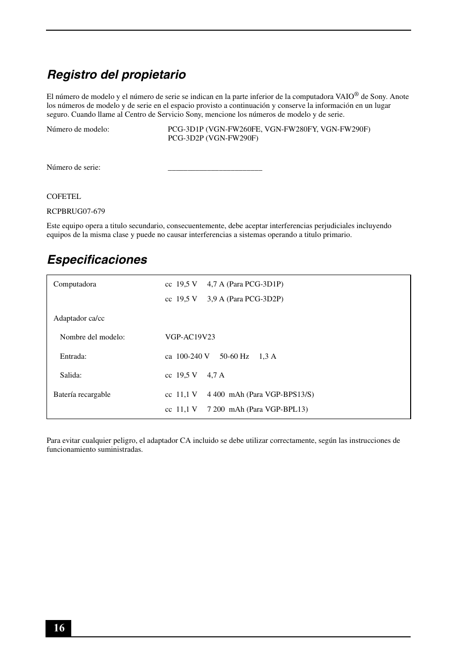Registro del propietario, Especificaciones | Sony VGN-FW260J User Manual | Page 16 / 28