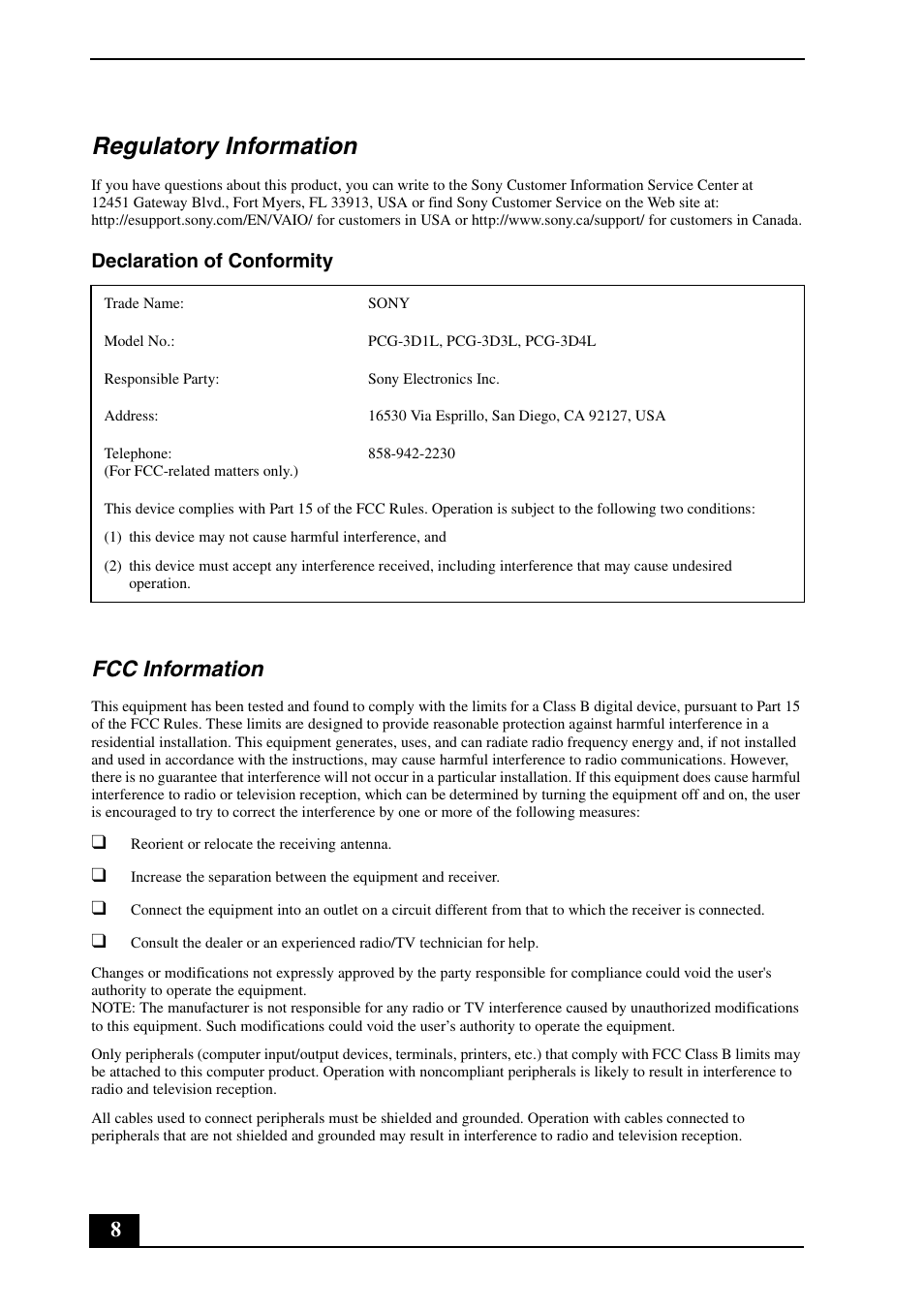 Regulatory information, Fcc information, Declaration of conformity | Sony VGN-FW260J User Manual | Page 8 / 28