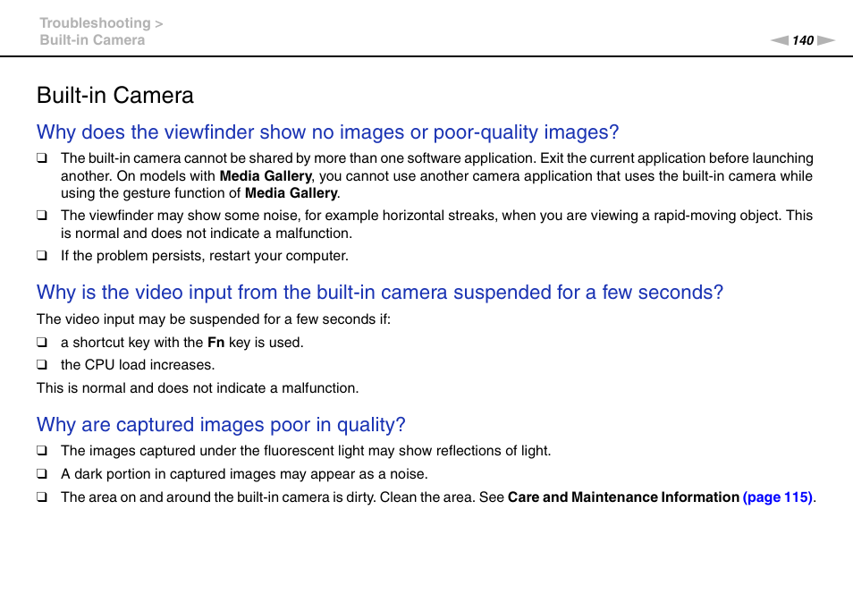 Built-in camera, Why are captured images poor in quality | Sony VPCF221FX User Manual | Page 140 / 176