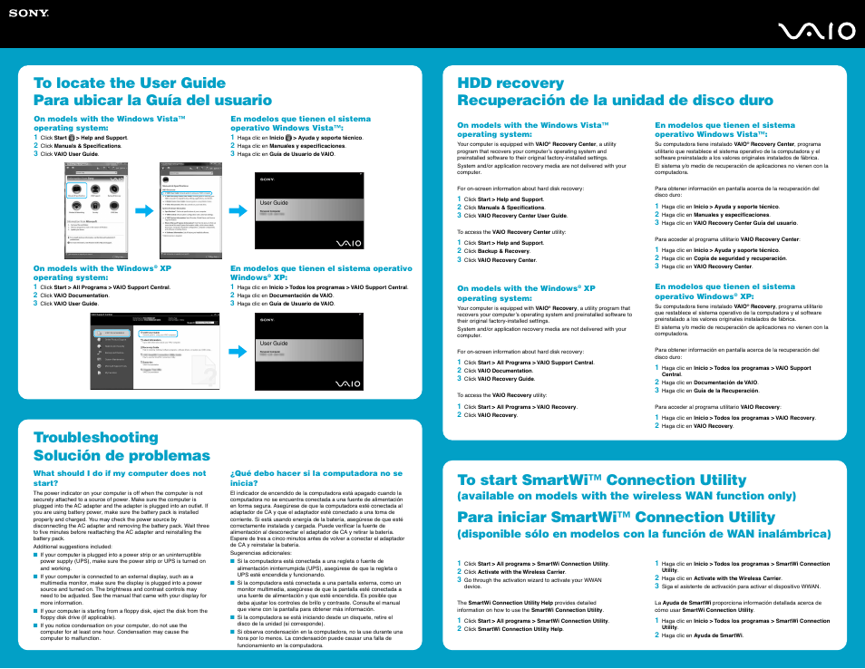 Troubleshooting solución de problemas, Para iniciar smartwi™ connection utility | Sony VGN-BX760N User Manual | Page 2 / 2