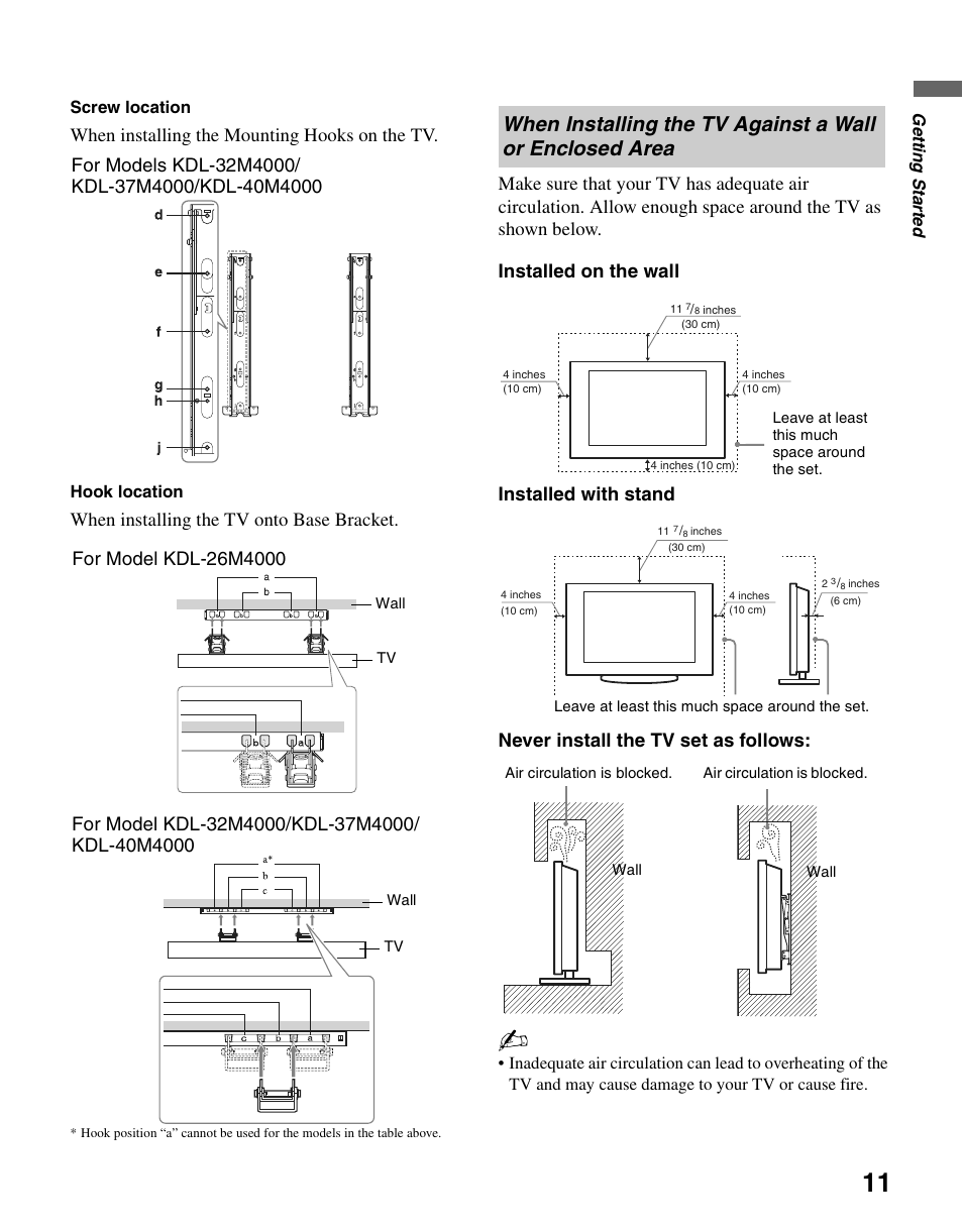 When installing the tv against a wall or, Enclosed area, When installing the mounting hooks on the tv | When installing the tv onto base bracket | Sony KDL-26M4000 User Manual | Page 11 / 48
