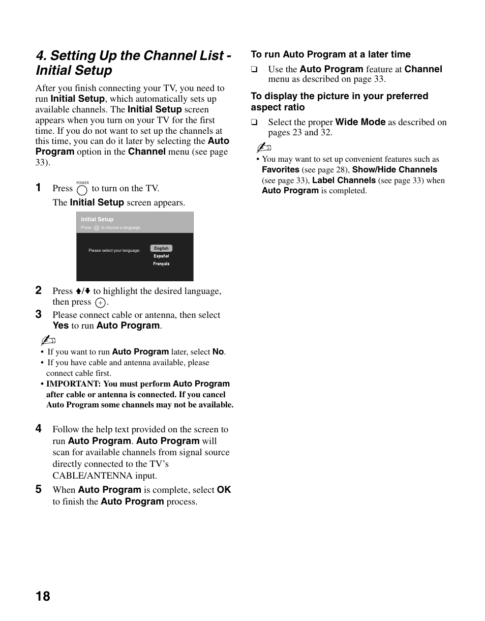 Setting up the channel list - initial setup, Setting up the channel list, Initial setup | 18 4. setting up the channel list - initial setup | Sony KDL-26M4000 User Manual | Page 18 / 48