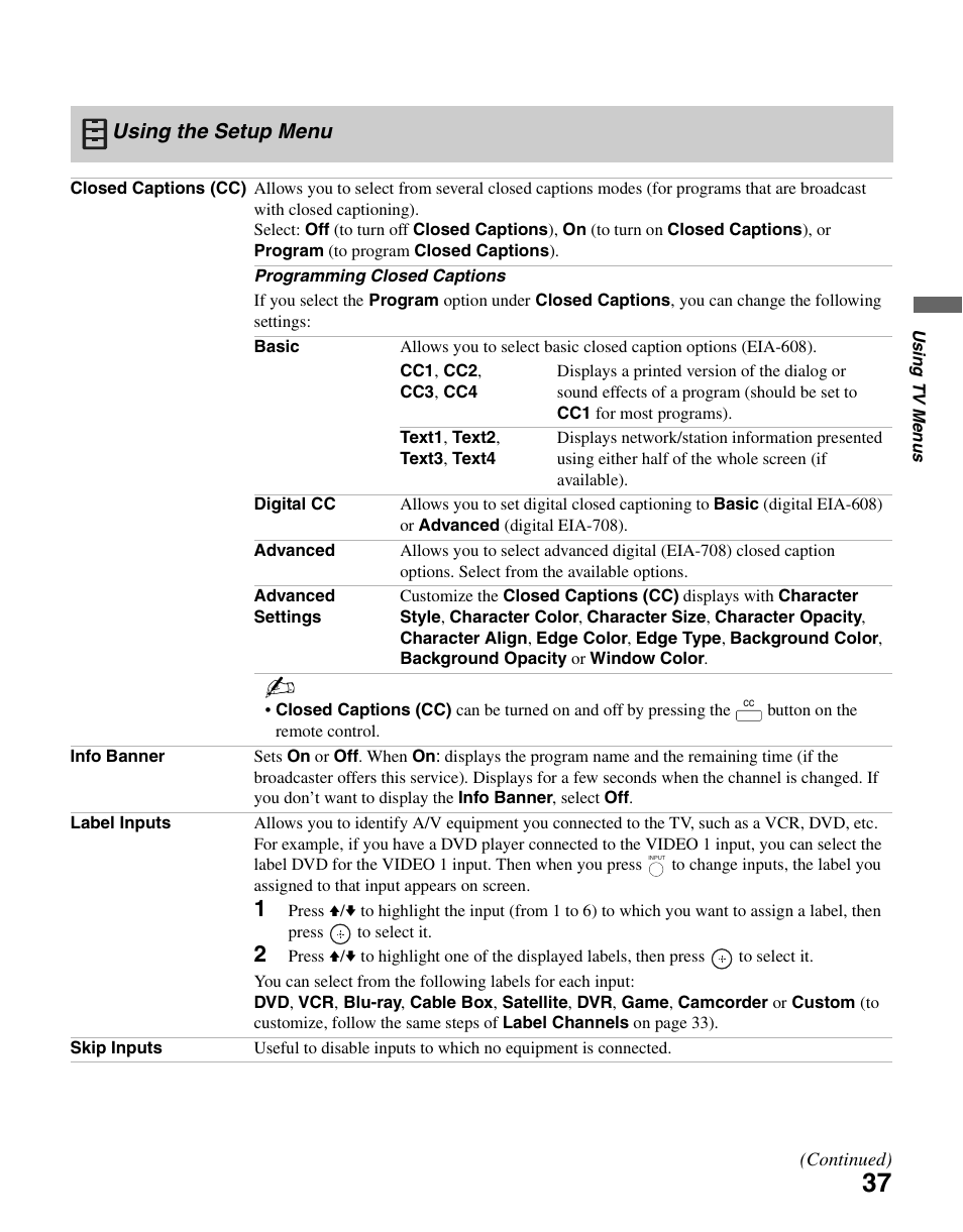 Using the setup menu | Sony KDL-26M4000 User Manual | Page 37 / 48