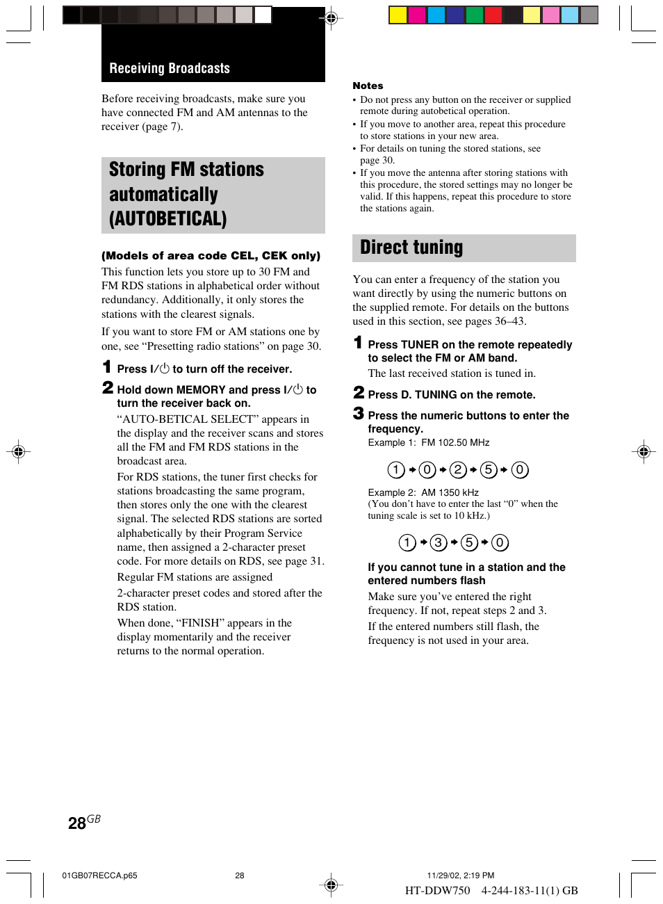 Receiving broadcasts, Storing fm stations automatically, Autobetical) | Direct tuning, Storing fm stations automatically (autobetical) | Sony HT-DDW750 User Manual | Page 28 / 52