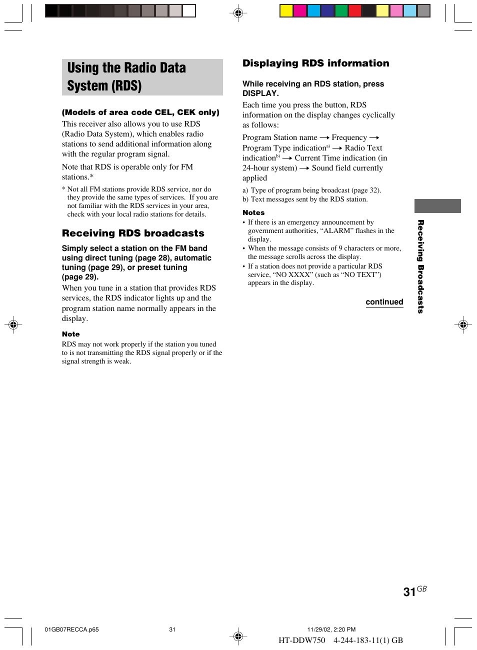 Using the radio data system, Rds), Using the radio data system (rds) | Displaying rds information, Receiving rds broadcasts | Sony HT-DDW750 User Manual | Page 31 / 52