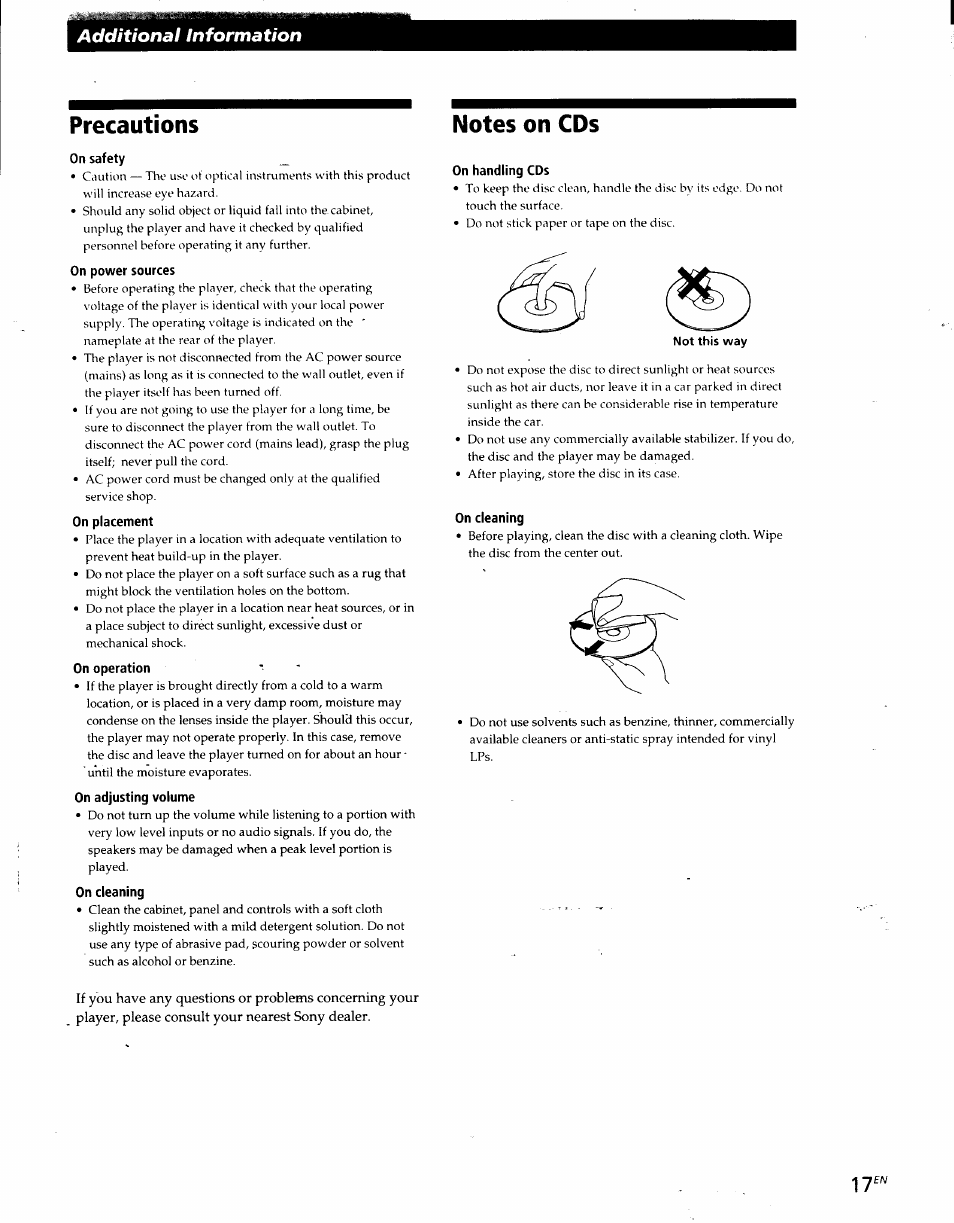 Precautions, On safety, On power sources | On placement, On operation, On adjusting volume, On cleaning, Notes on cds, On handling cds, Additional information | Sony CDP-CE215 User Manual | Page 17 / 91