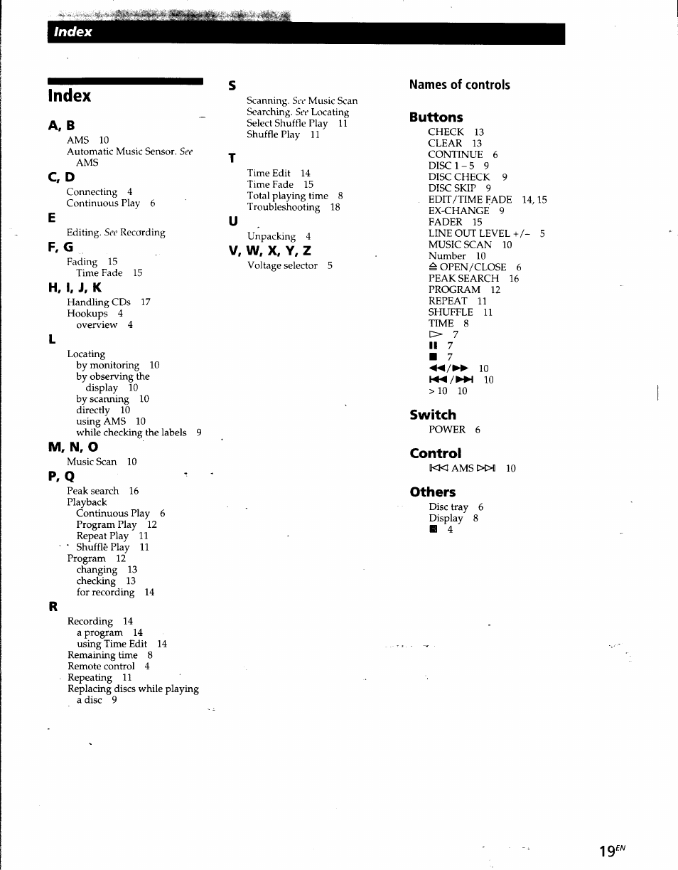 Index, A, b, C, d | F, g, H. i, j, k, M, n, o, Names of controls, Buttons, 10 l/^m 10 > 10 10, Switch | Sony CDP-CE215 User Manual | Page 19 / 91
