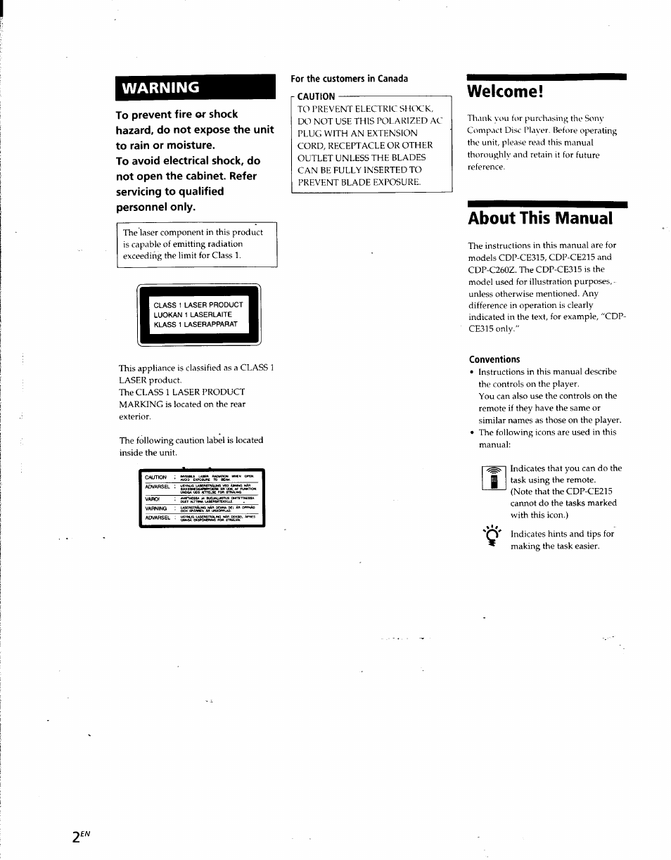 Welcome, About this manual, Warning | Sony CDP-CE215 User Manual | Page 2 / 91