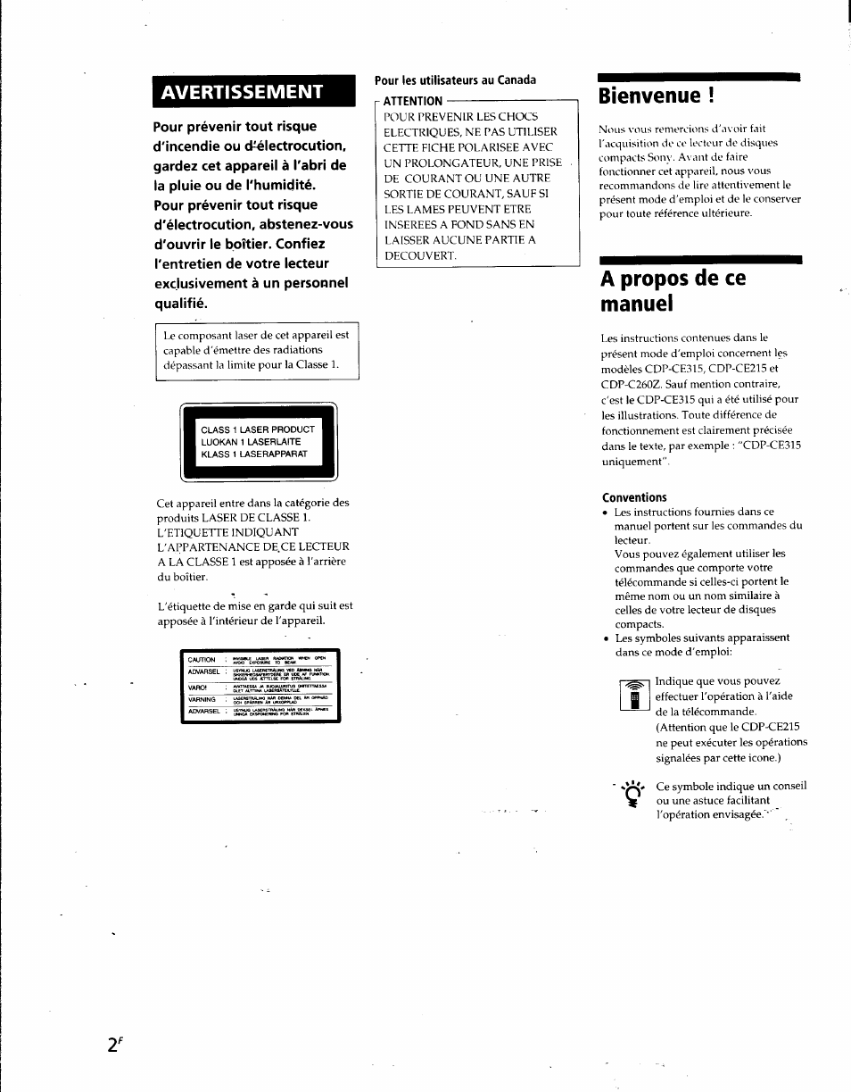 Bienvenue, A propos de ce manuel, Conventions | Avertissement | Sony CDP-CE215 User Manual | Page 20 / 91