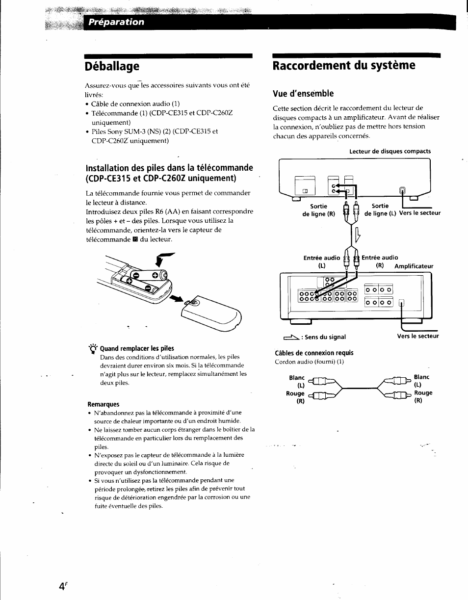 Ç' quand remplacer les piles, Remarques, Raccordement du système | Vue d'ensémble, Câbles de connexion requis, Déballage, Préparation | Sony CDP-CE215 User Manual | Page 22 / 91