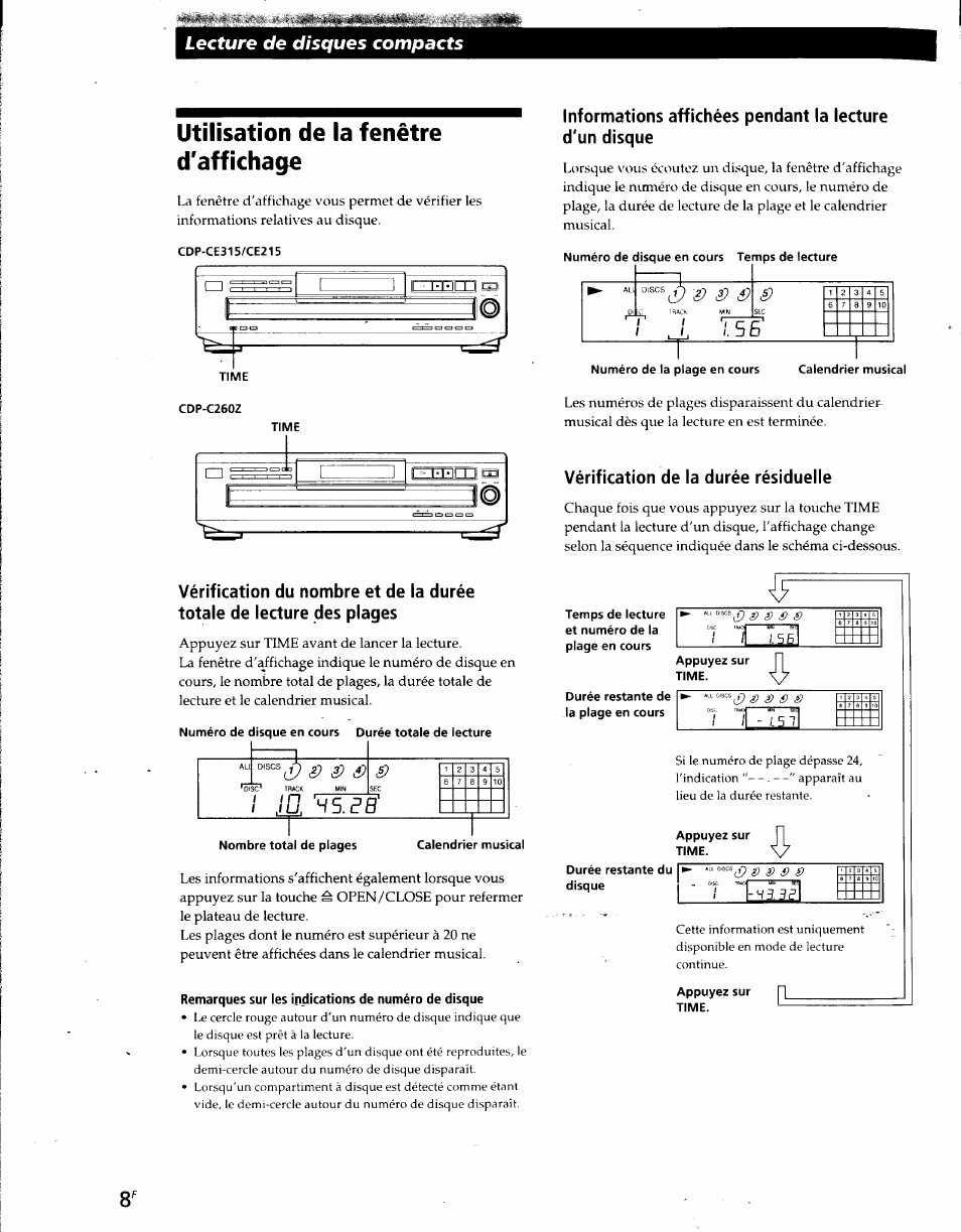 Utilisation de la fenêtre d'affichage, Vérification de la durée résiduelle, Remarques sur les indications de numéro de disque | Lecture de disques compacts | Sony CDP-CE215 User Manual | Page 26 / 91