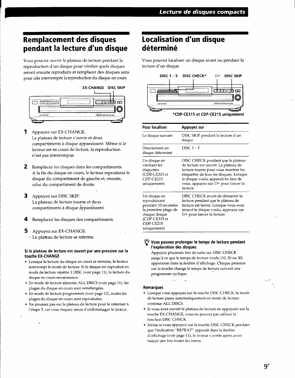 Touche ex-change, Localisation d'un disque déterminé, Remarques | Lecture de disques compacts | Sony CDP-CE215 User Manual | Page 27 / 91