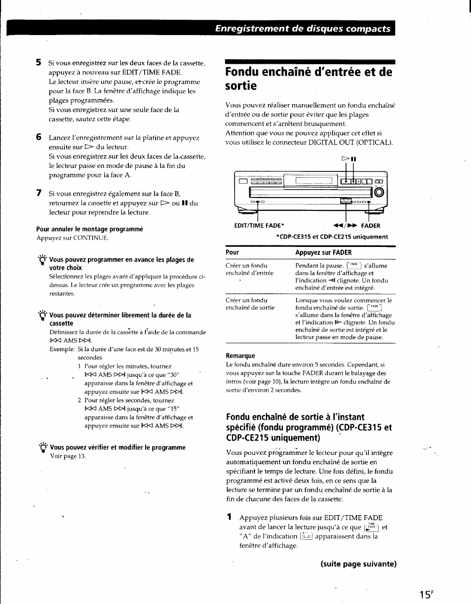 Pour annuler le montage programmé, Ç' vous pouvez vérifier et modifier le programme, Fondu enchaîné d'entrée et de sortie | Enregistrement de disques compacts | Sony CDP-CE215 User Manual | Page 33 / 91