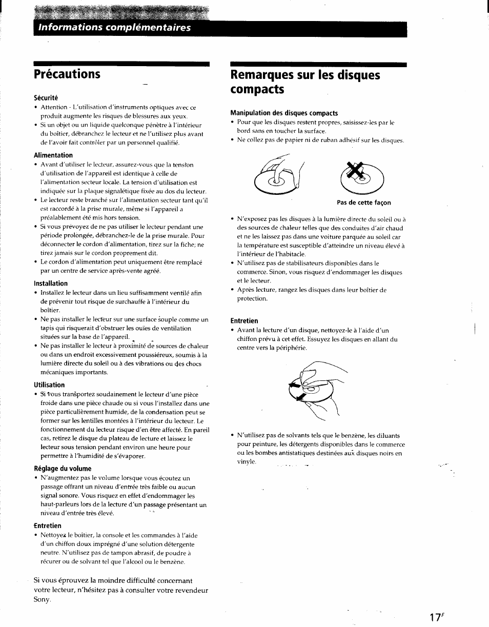 Précautions, Sécurité, Alimentation | Installation, Utilisation, Réglage du volume, Ntretien, Remarques sur les disques compacts, Manipulation des disques compacts, Entretien | Sony CDP-CE215 User Manual | Page 35 / 91