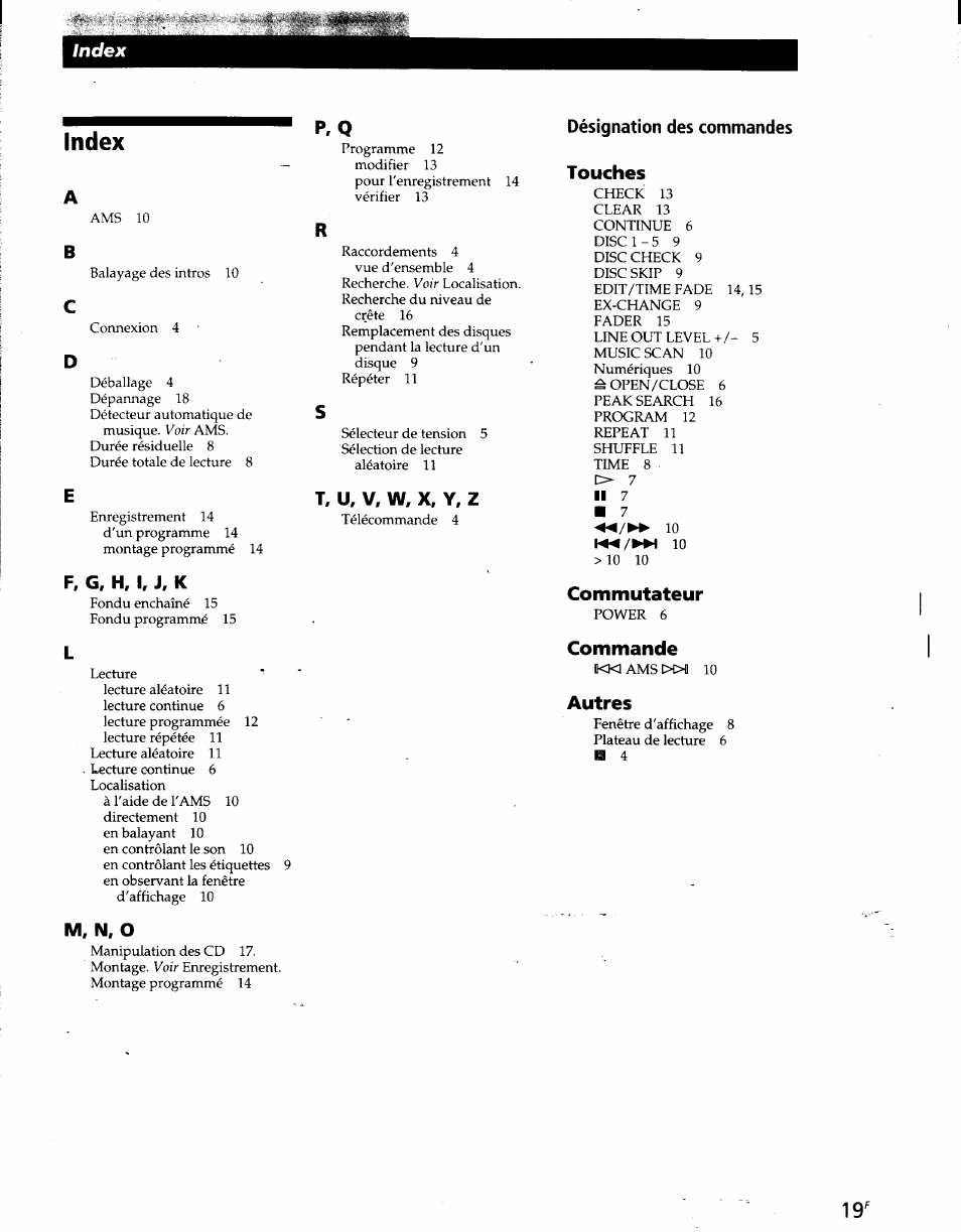 Index, P. q, F, g, h, i, j, k | M, n, o, T, u, v, w, x, y, z, Touches, Commutateur, Commande, Autres | Sony CDP-CE215 User Manual | Page 37 / 91