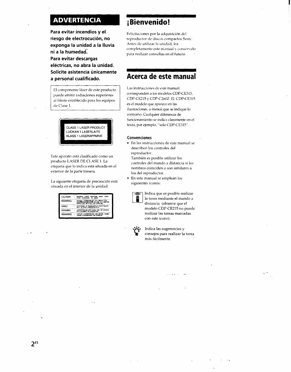 Acerca de este manual, Convenciones, Advertencia | Bienvenido | Sony CDP-CE215 User Manual | Page 38 / 91