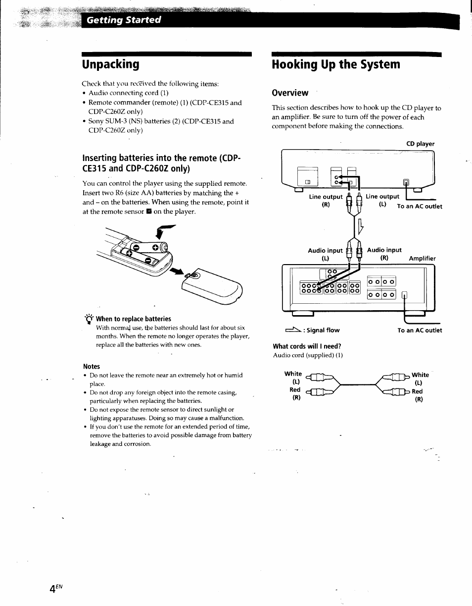 Hooking up the system, Overview, Notes | Unpacking, Getting started | Sony CDP-CE215 User Manual | Page 4 / 91