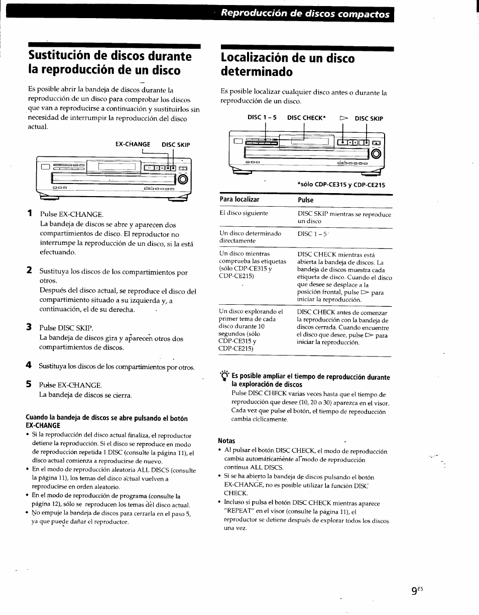 Ex-change, Localización de un disco determinado, Notas | Reproducción de discos compactos | Sony CDP-CE215 User Manual | Page 45 / 91
