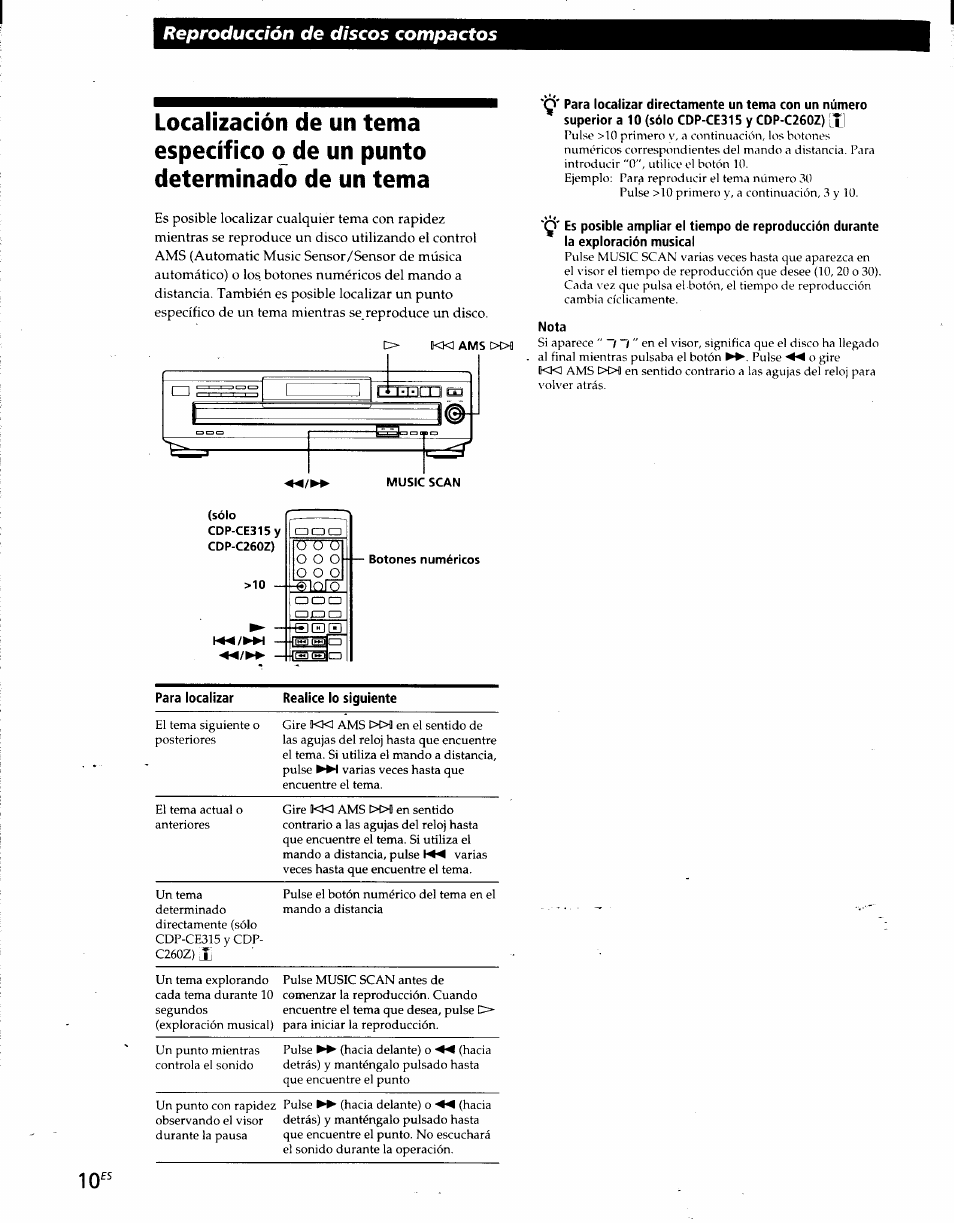 Nota, Para localizar, Realice lo siguiente | Reproducción de discos compactos, O o o | Sony CDP-CE215 User Manual | Page 46 / 91