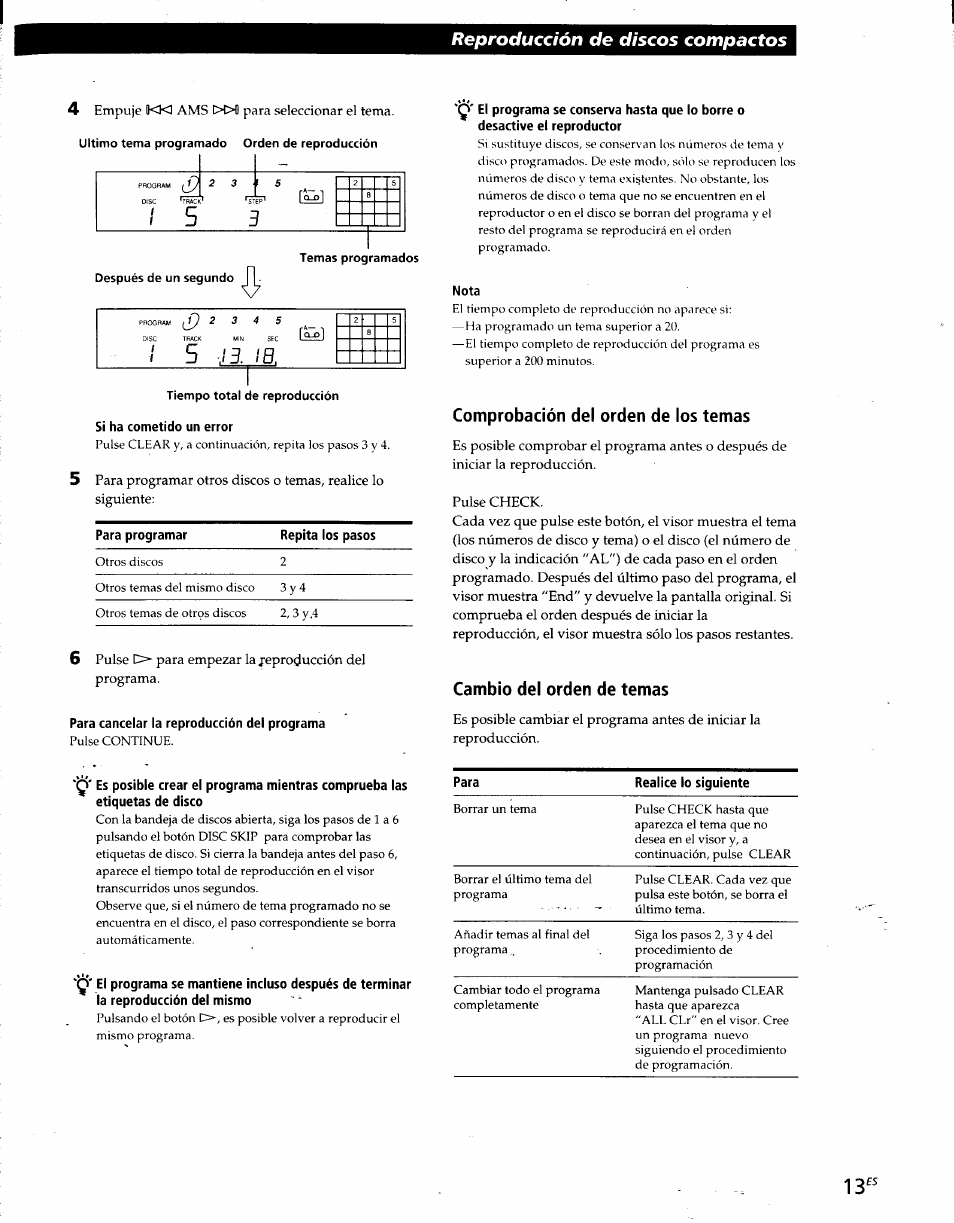 Si ha cometido un error, Para cancelar la reproducción del programa, Nota | Comprobación del orden de los temas, Cambio del orden de temas, Reproducción de discos compactos | Sony CDP-CE215 User Manual | Page 49 / 91