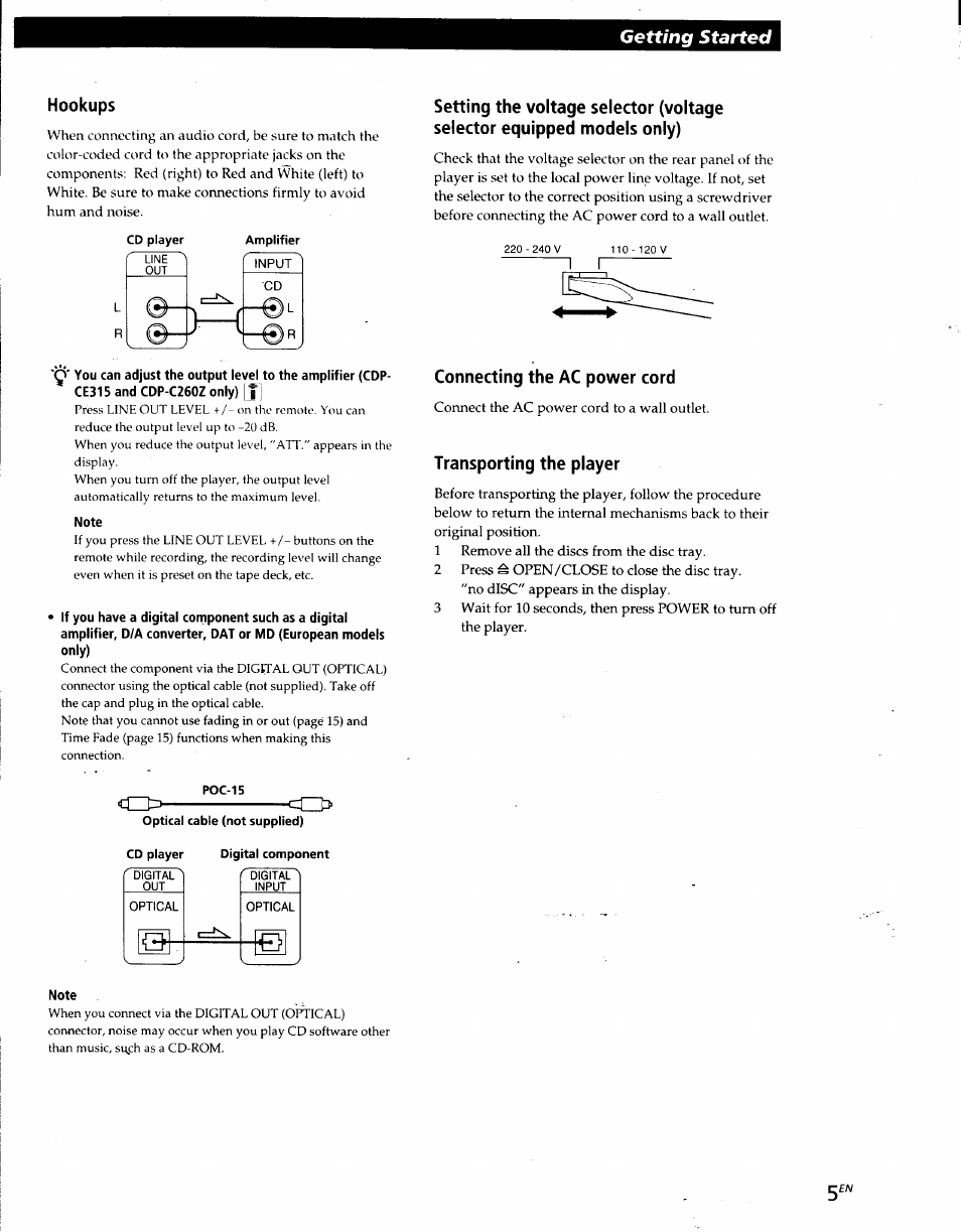 Hookups, Connecting the ac power cord, Transporting the player | Getting started, Disc | Sony CDP-CE215 User Manual | Page 5 / 91
