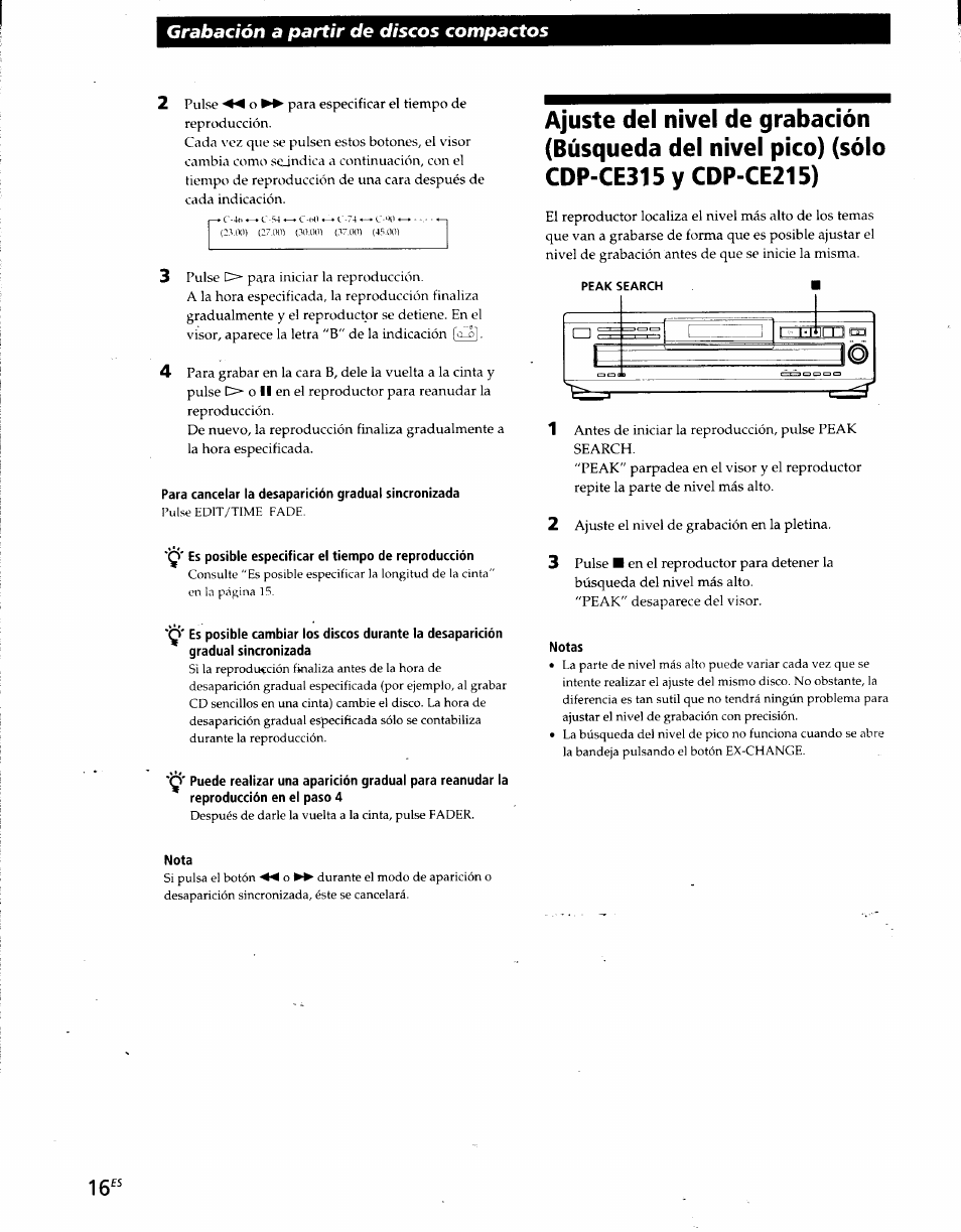 Para cancelar la desaparición gradual sincronizada, Es posible especificar el tiempo de reproducción, Nota | Notas, Grabación a partir de discos compactos | Sony CDP-CE215 User Manual | Page 52 / 91