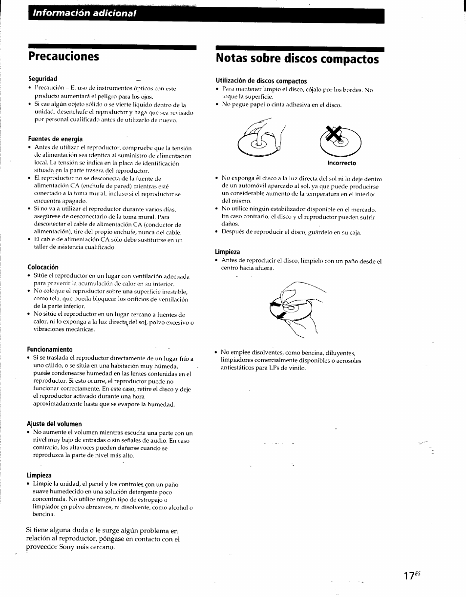 Notas sobre discos compactos, Seguridad, Fuentes de energía | Colocación, Utilización de discos compactos, Limpieza, Funcionamiento, Ajuste del volumen, Precauciones notas sobre discos compactos, Información adicional | Sony CDP-CE215 User Manual | Page 53 / 91