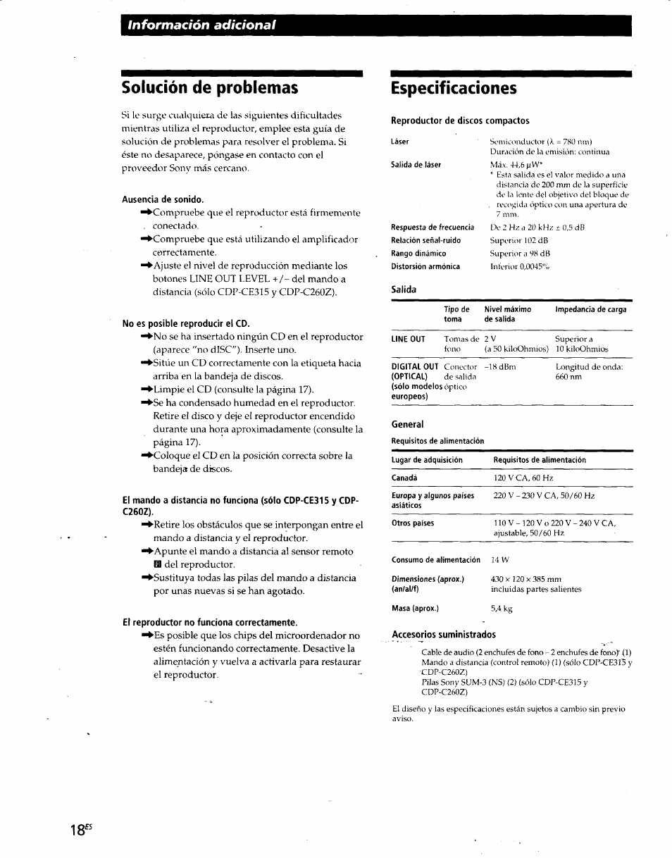 Solución de problemas, Ausencia de sonido, No es posible reproducir ei cd | El reproductor no funciona correctamente, Accesorios suministrados, Especificaciones, Información adicional | Sony CDP-CE215 User Manual | Page 54 / 91