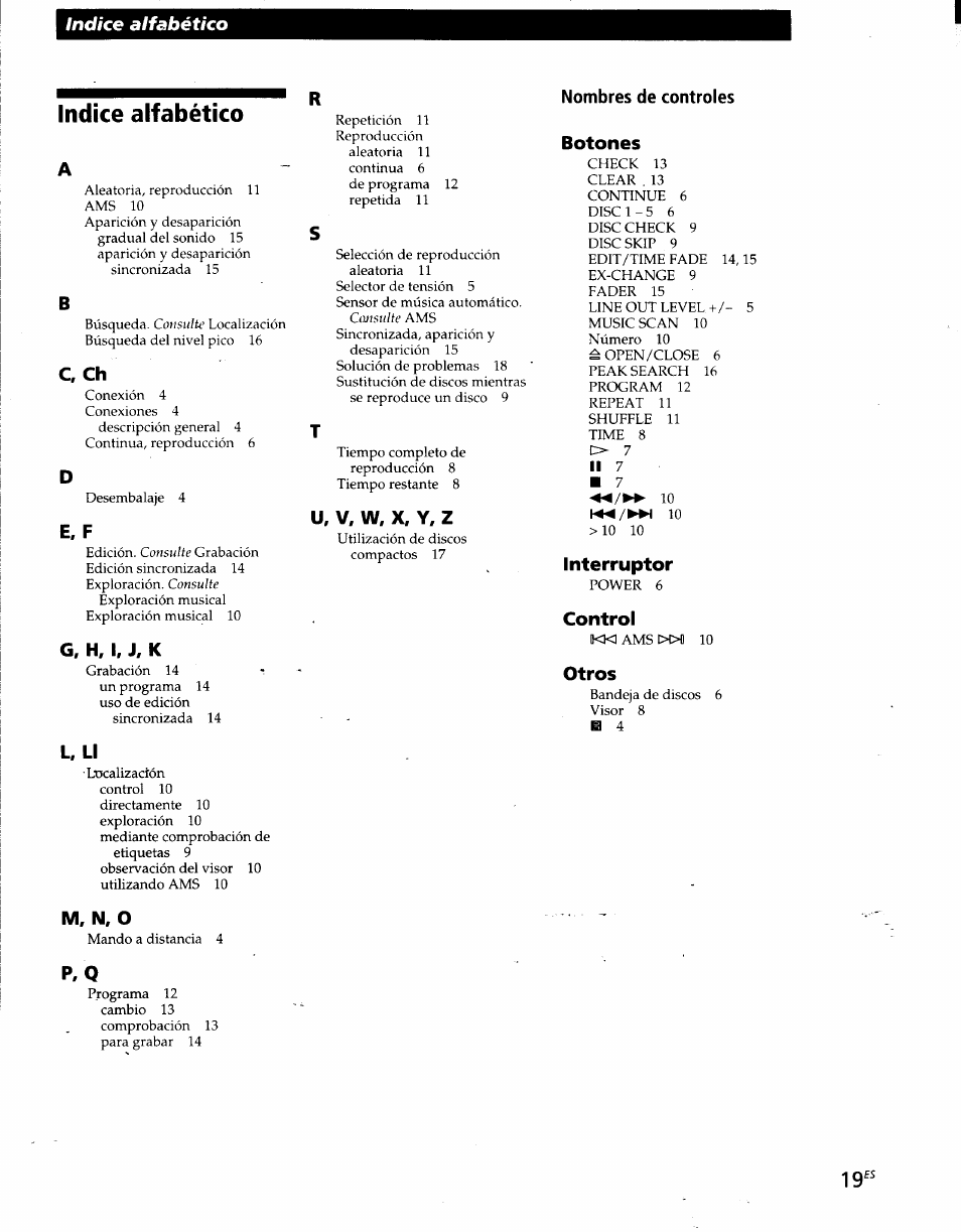 Indice alfabético, C, ch, E, f | G, h, i. j, k, L. li, M, n, o, U, v, w, x, y, z, Nombres de controles, Botones, Interruptor | Sony CDP-CE215 User Manual | Page 55 / 91