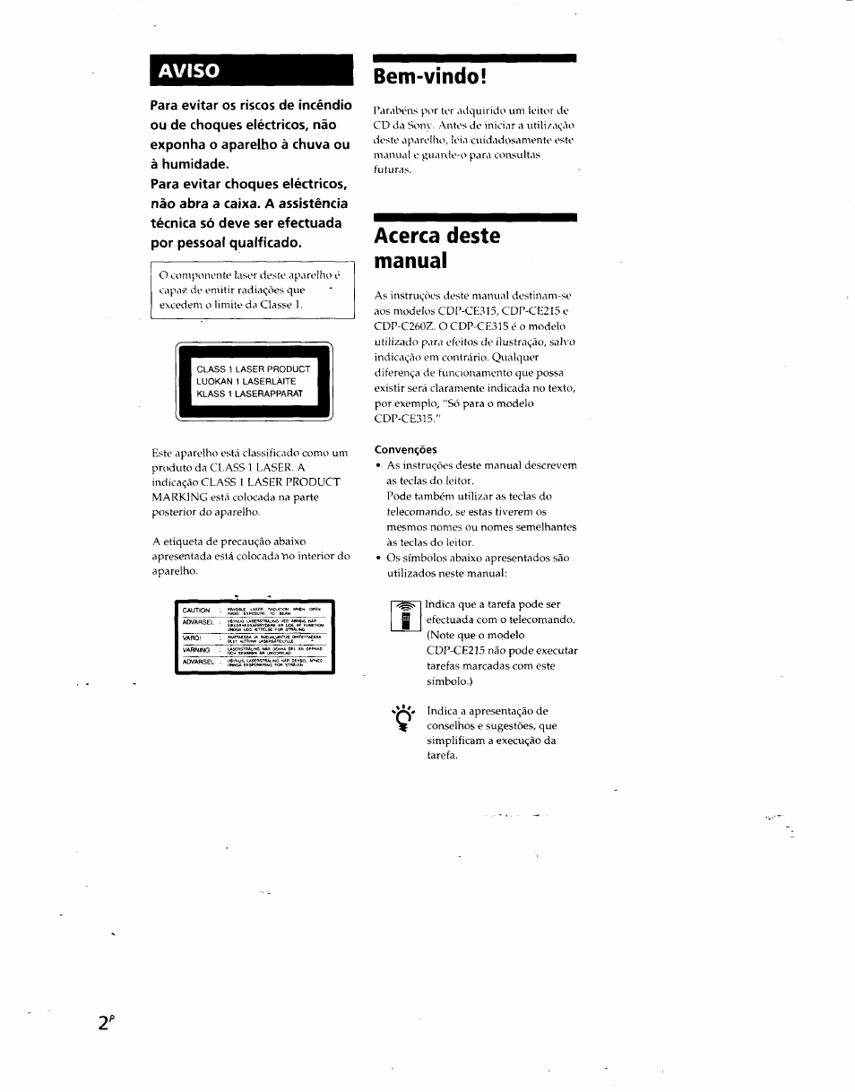 Bem-víndo, Acerca deste manual, Aviso bem-víndo | Sony CDP-CE215 User Manual | Page 56 / 91