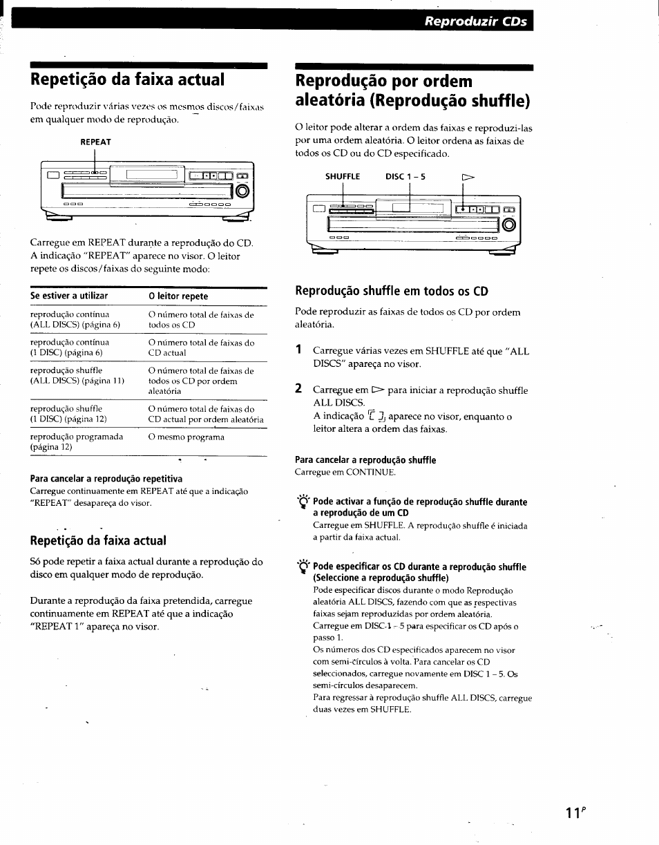 Repeti^äo da faixa actual, Para cancelar a reprodu^áo repetitiva, Repeti^áo da faixa actual | Reproduqáo shuffie em todos os cd, Para cancelar a reprodugáo shuffle, Repetigáo da faixa actual, Reproduzir cds, Dd-i-ii 1 1ш, W- reproduqáo shuffie em todos os cd | Sony CDP-CE215 User Manual | Page 65 / 91