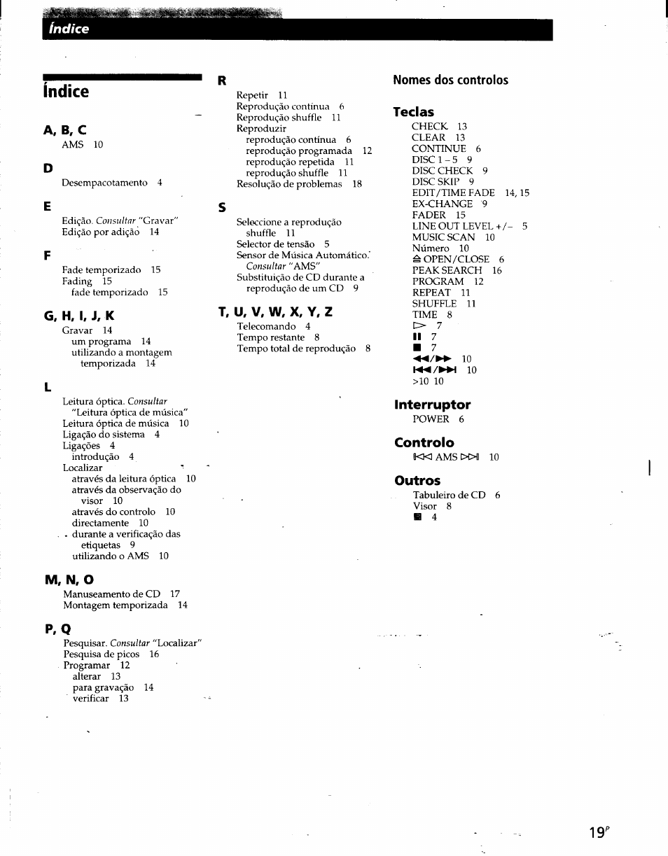 Indice, A, b, c, G, h, i, j, k | Nomes dos controlos teclas, Interruptor, Controlo, Outros, M, n, o, Índice, T, u, v. w, x, y. z | Sony CDP-CE215 User Manual | Page 73 / 91