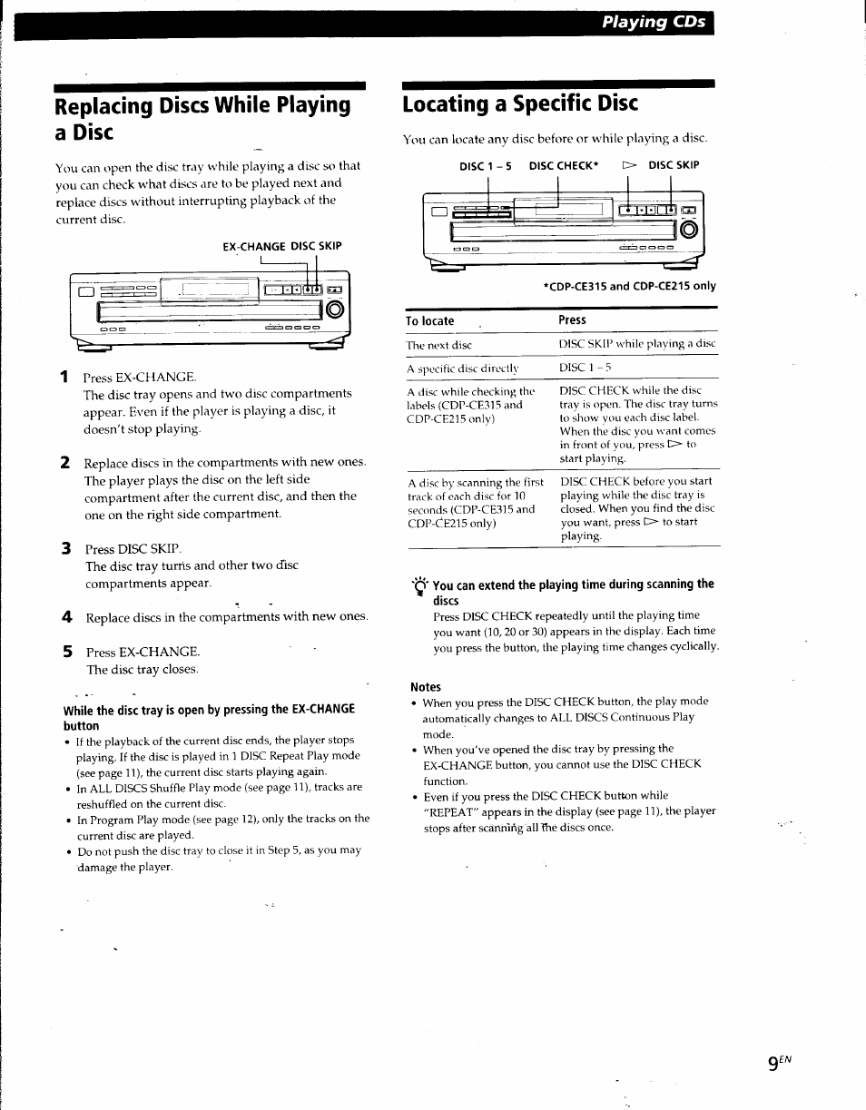 Replacing discs while playing a disc, Locating a specific disc, Playing cds | Sony CDP-CE215 User Manual | Page 9 / 91