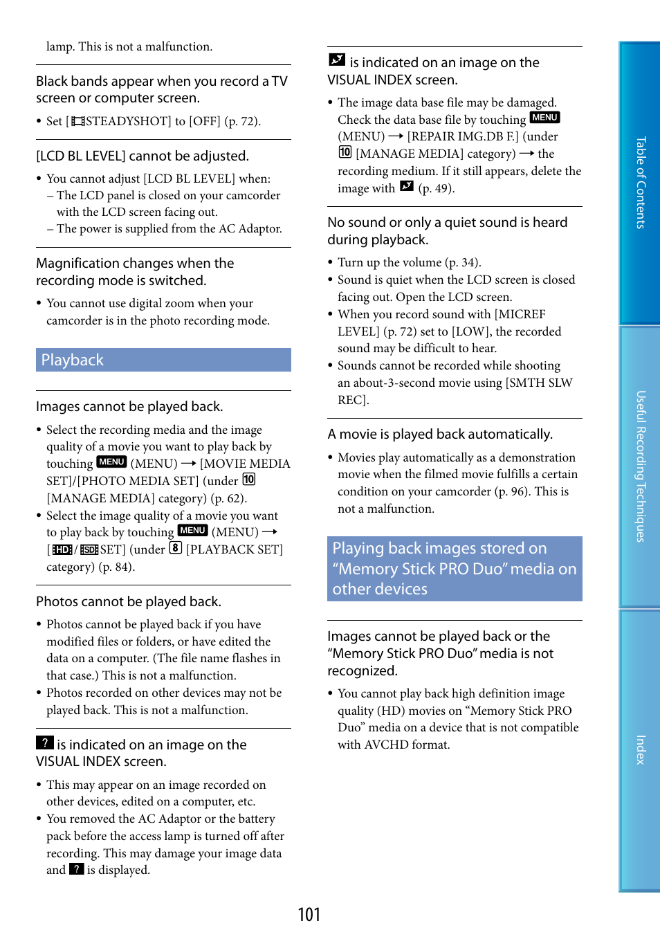 Playback, Playing back images stored on “memory stick, Pro duo” media on other devices | Sony HDR-TG5 User Manual | Page 101 / 123