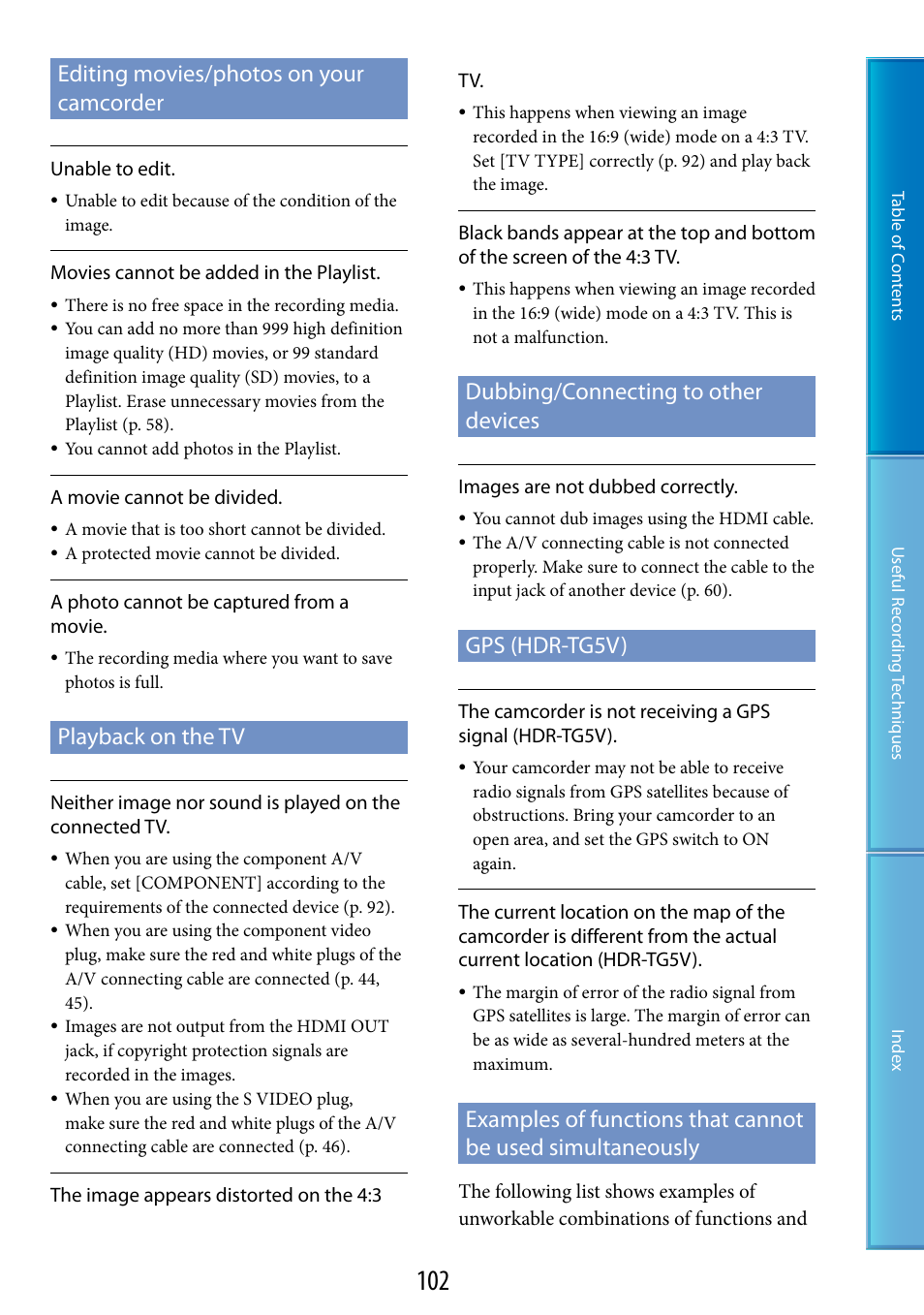Editing movies/photos on your camcorder, Playback on the tv, Dubbing/connecting to other devices | Gps (hdr-tg5v), Examples of functions that cannot be used, Simultaneously | Sony HDR-TG5 User Manual | Page 102 / 123