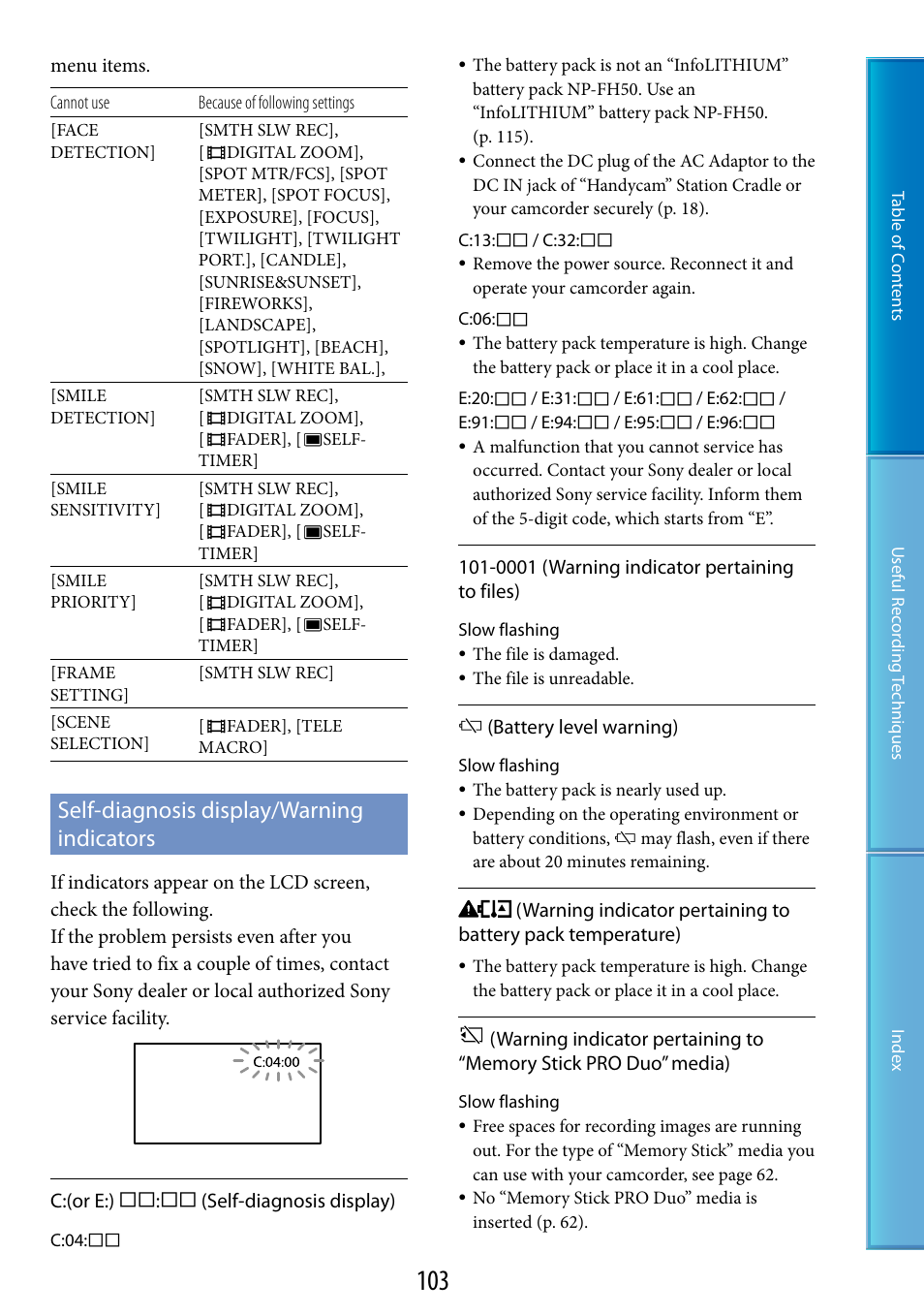 Self-diagnosis display/warning indicators, G (103) | Sony HDR-TG5 User Manual | Page 103 / 123