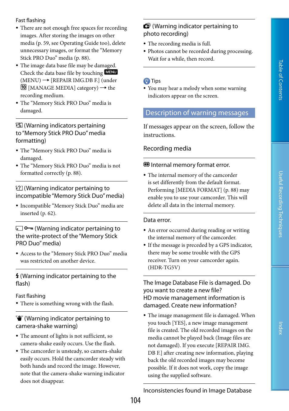 Description of warning messages, Recording media | Sony HDR-TG5 User Manual | Page 104 / 123