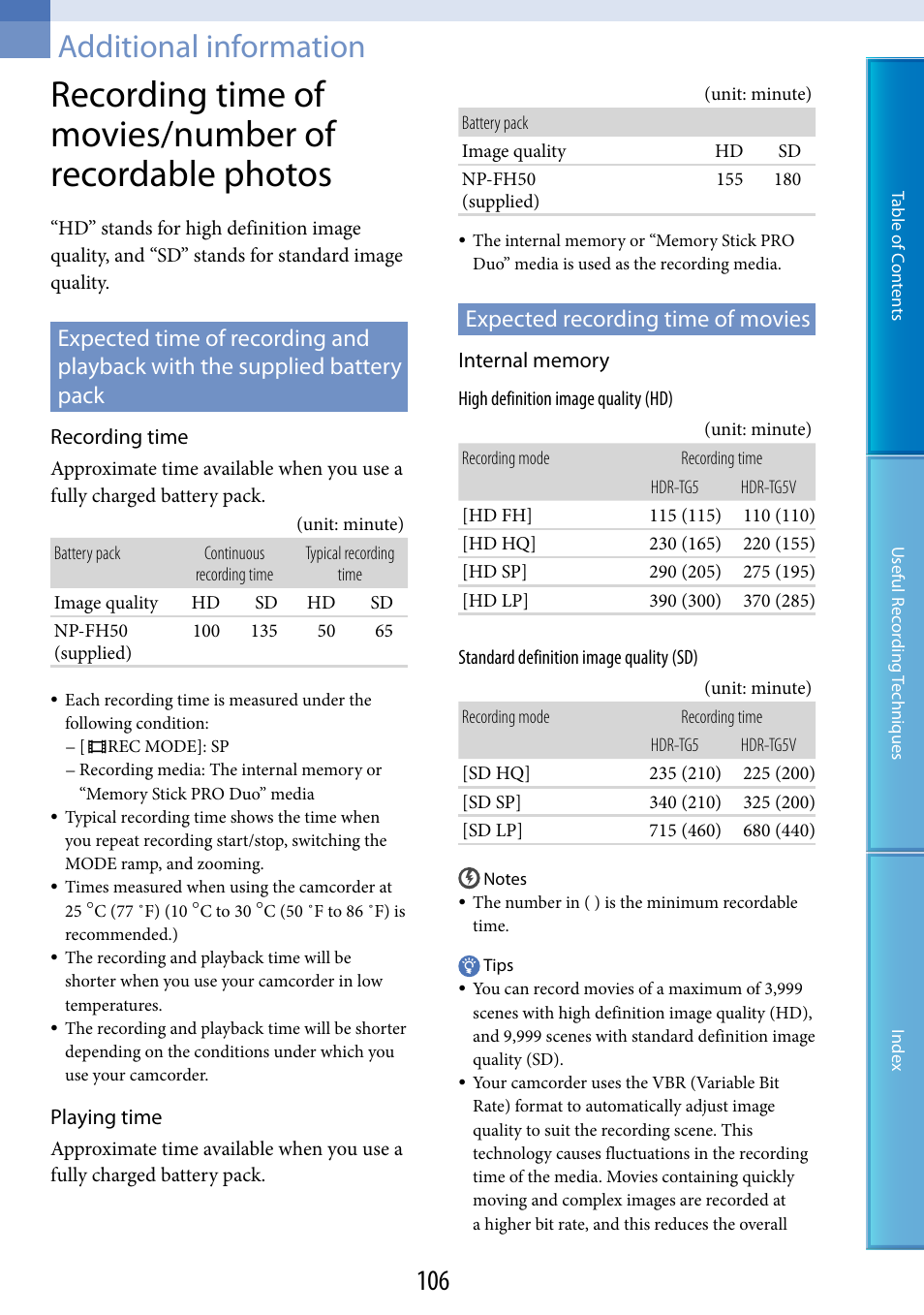 Additional information, Expected recording time of movies, E 106 o | 106, 107). d | Sony HDR-TG5 User Manual | Page 106 / 123