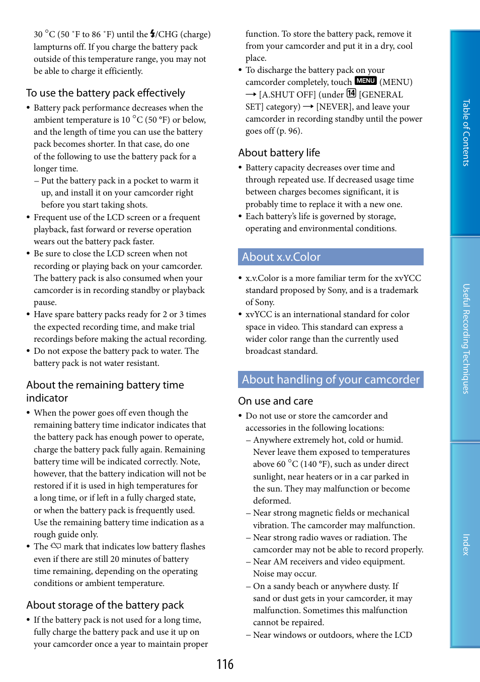 About x.v.color, About handling of your camcorder, About x.v.color about handling of your camcorder | E “about handling of your, Camcorder, About the remaining battery time indicator, About storage of the battery pack, About battery life, On use and care | Sony HDR-TG5 User Manual | Page 116 / 123
