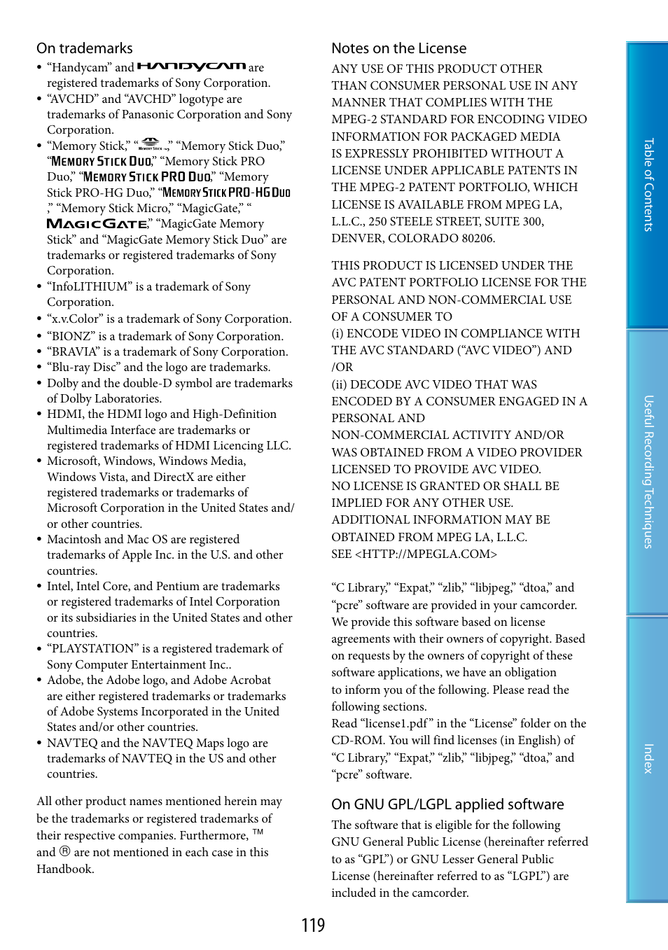 On trademarks, On gnu gpl/lgpl applied software | Sony HDR-TG5 User Manual | Page 119 / 123