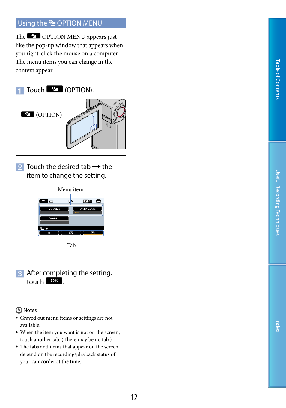 Using the option menu, N (12) | Sony HDR-TG5 User Manual | Page 12 / 123